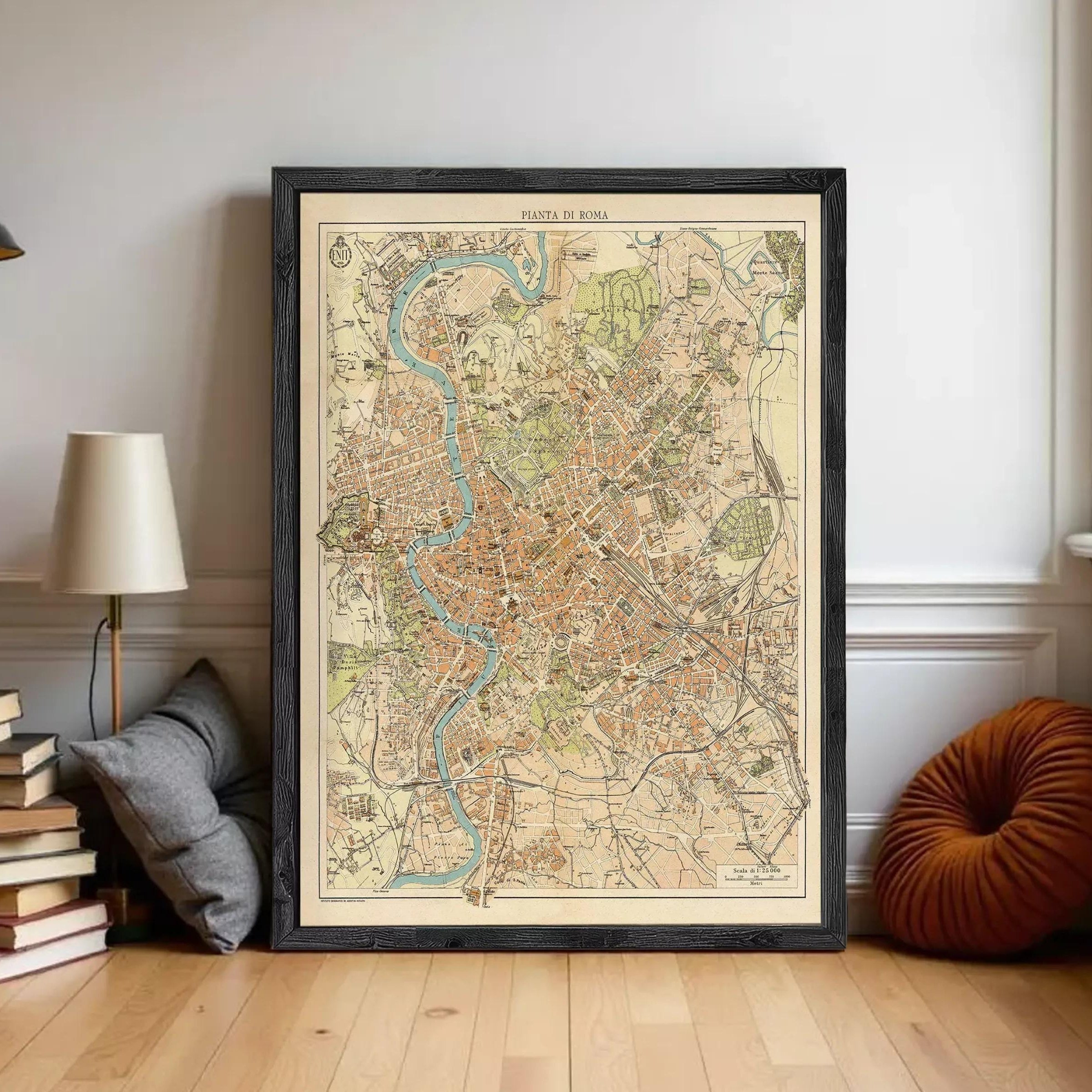 The image is a framed vintage map of Rome, Italy, depicting the city's layout and surrounding areas.