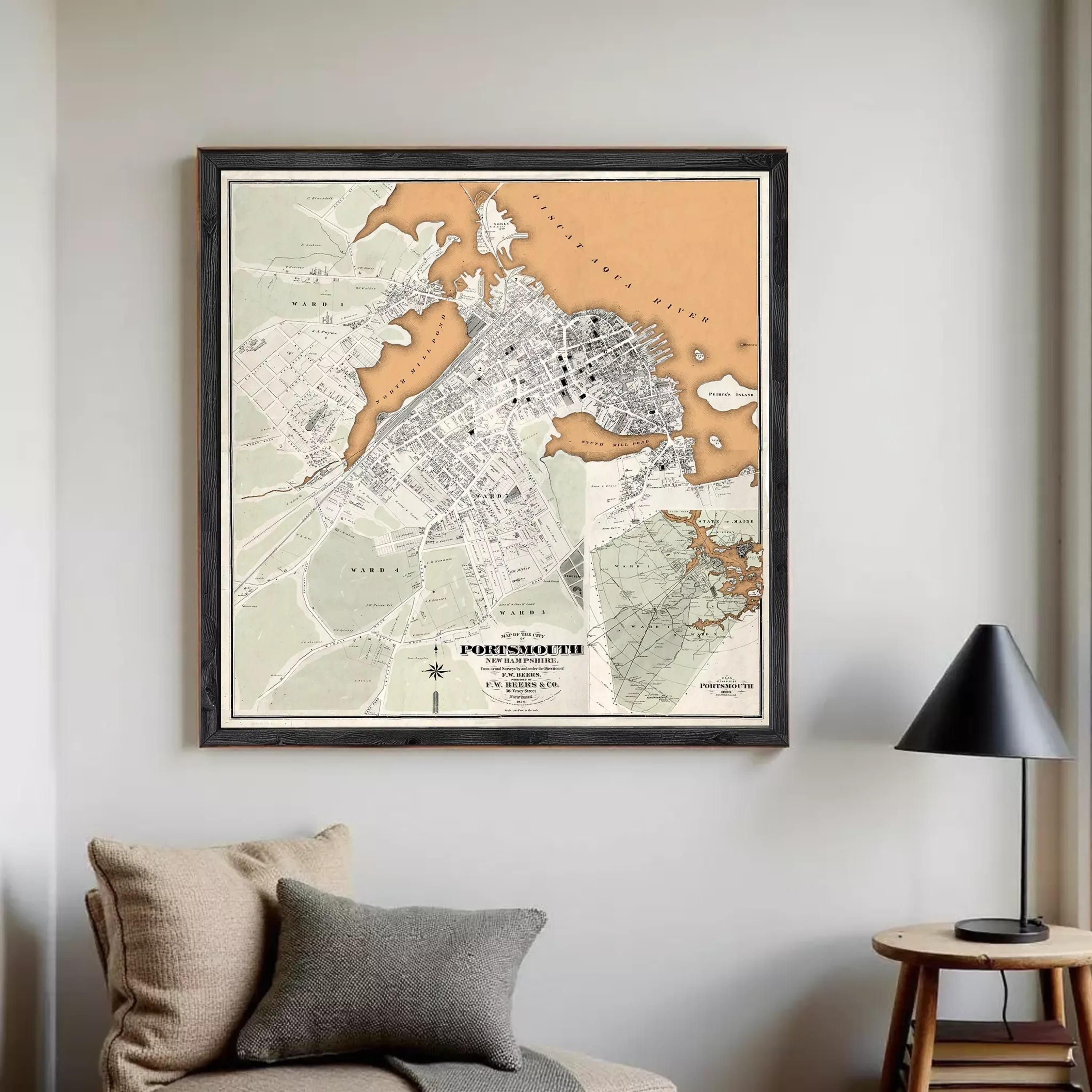 The image is a framed vintage map of the city of Portsmouth, New Hampshire, USA.