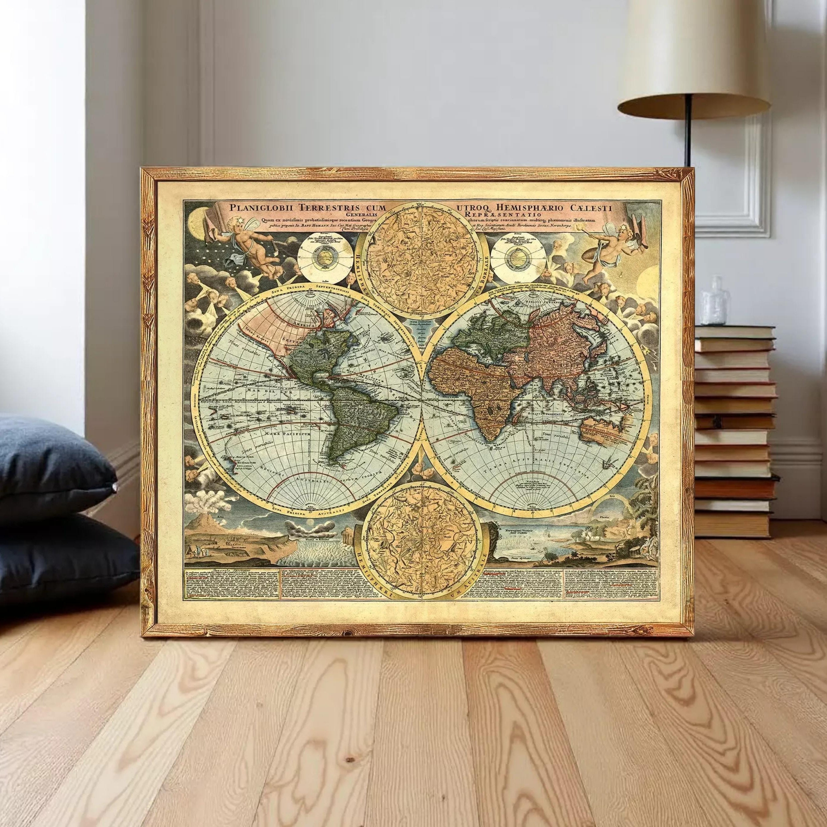 The image is a framed vintage map of the world, featuring detailed cartography and illustrations.