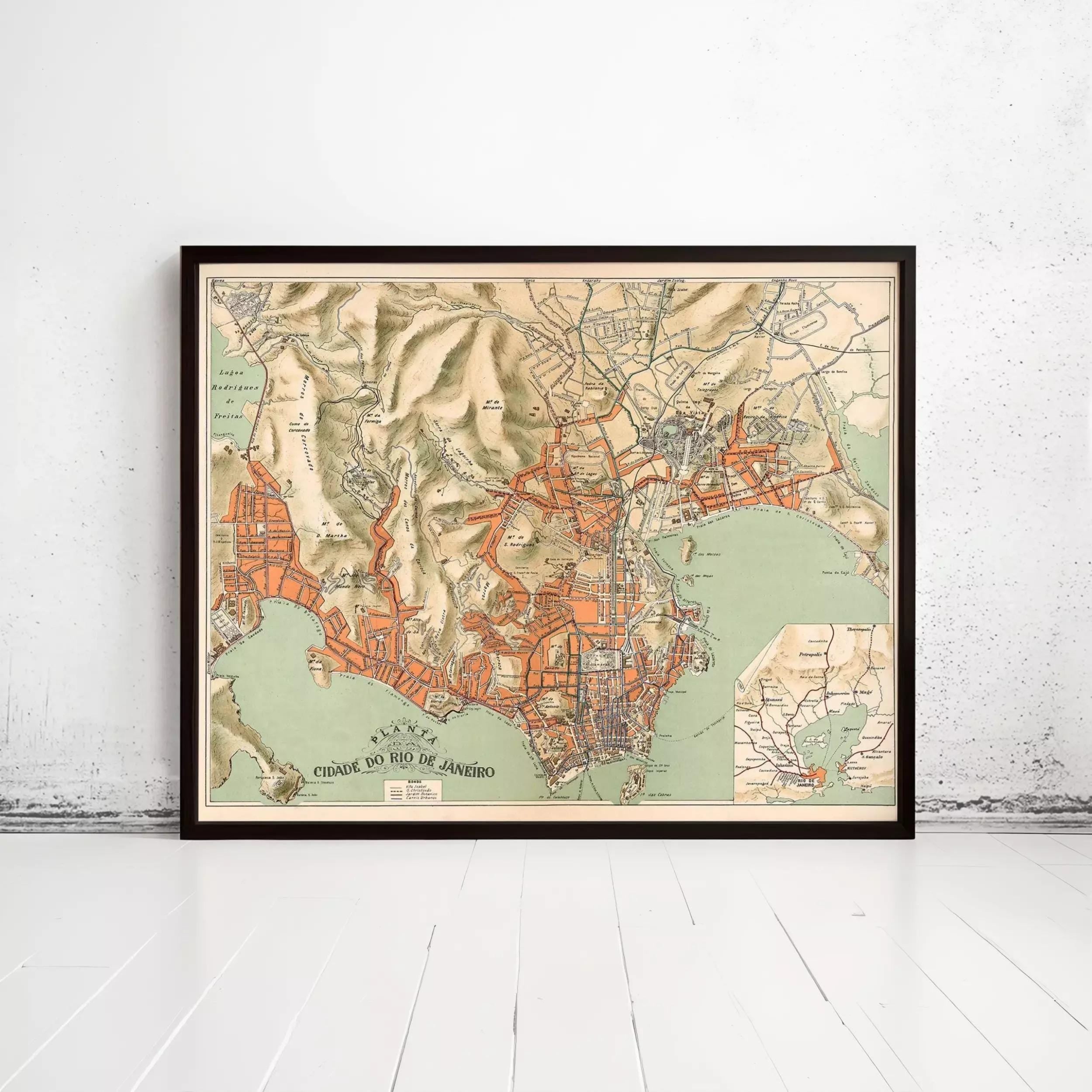 The image is a framed vintage map of a city, depicting the city's layout and surrounding areas.