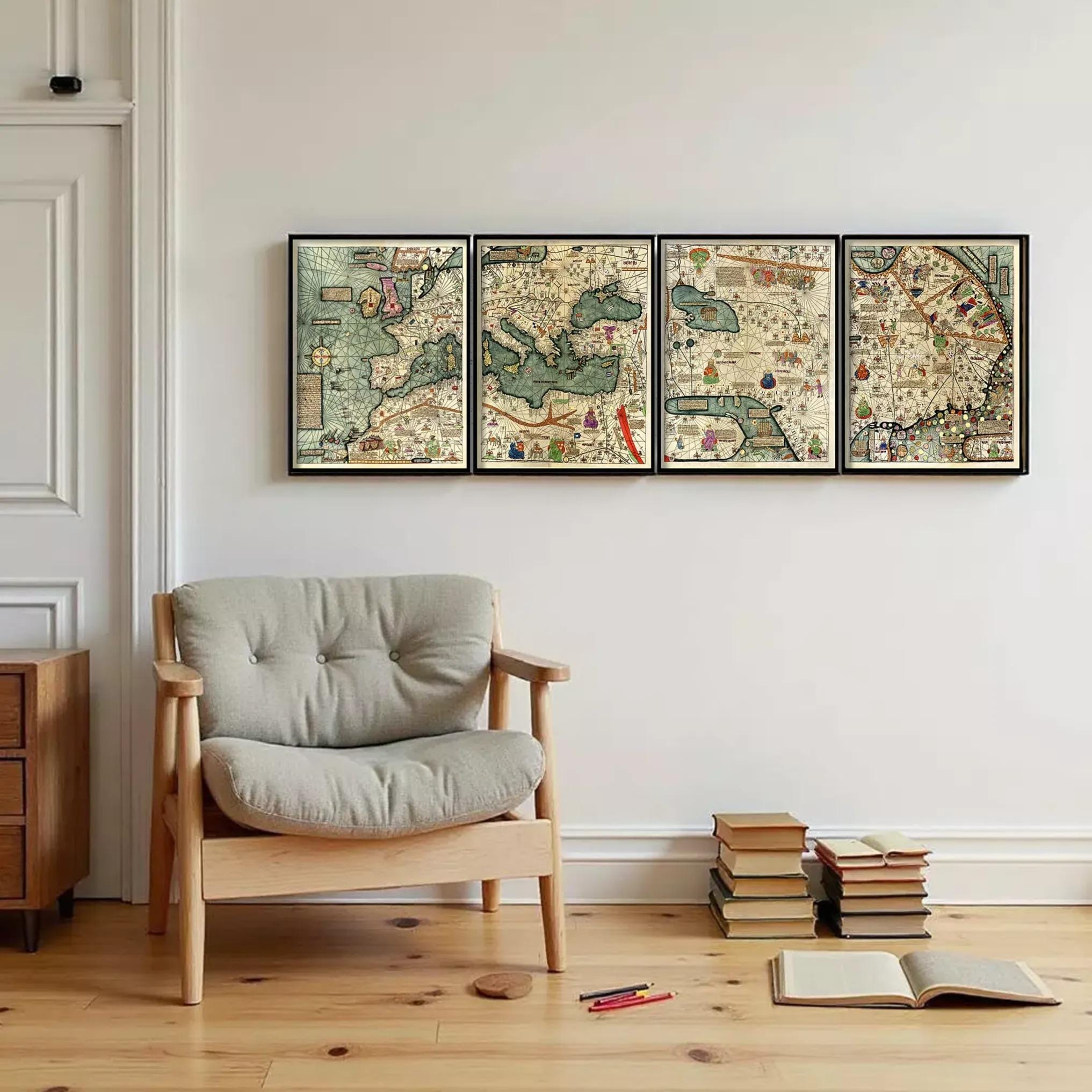 a cozy living room with a wooden chair, a stack of books, and a large framed map on the wall.