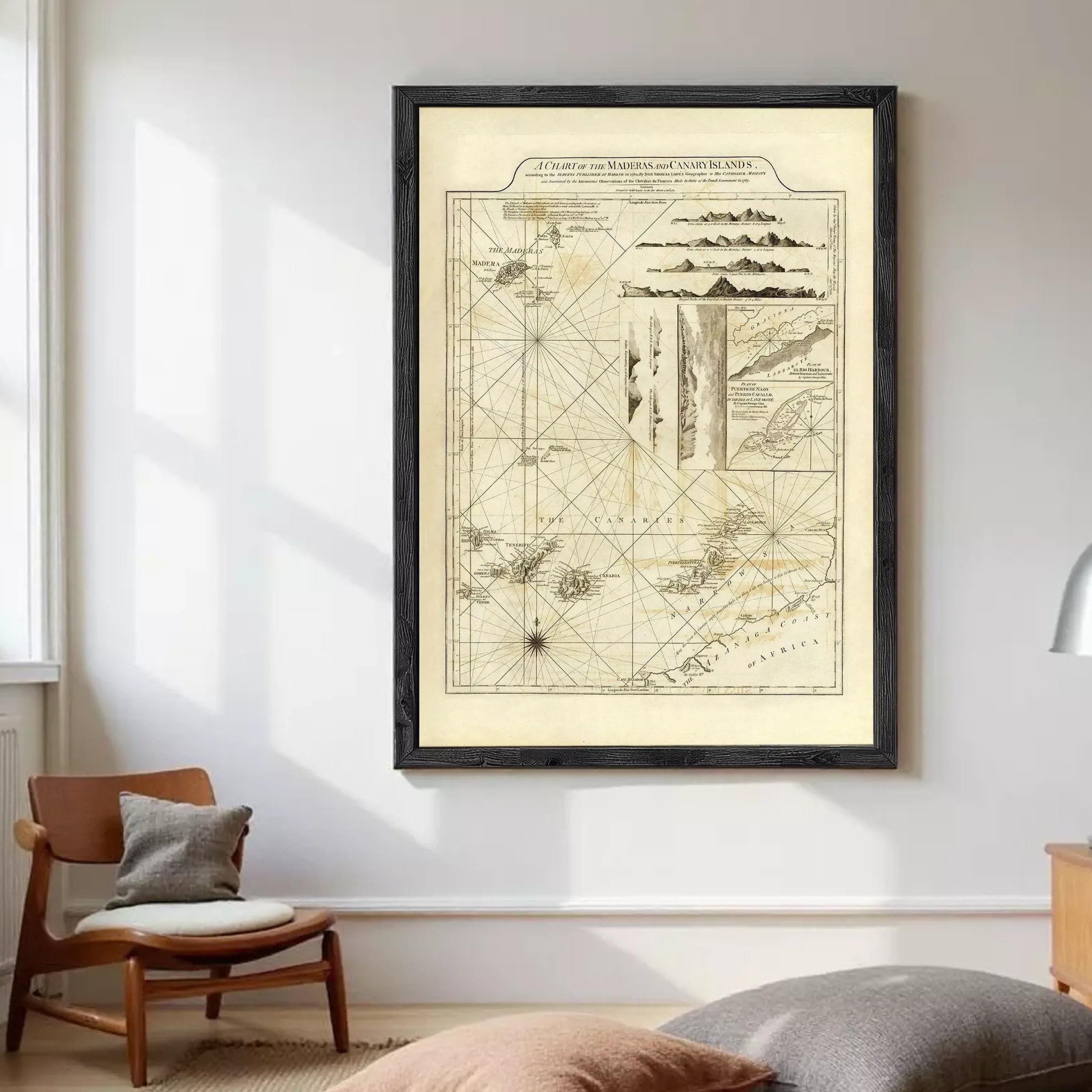 The image is a framed historical map of the Mediterranean and Canary Islands, depicting various geographical features and locations.