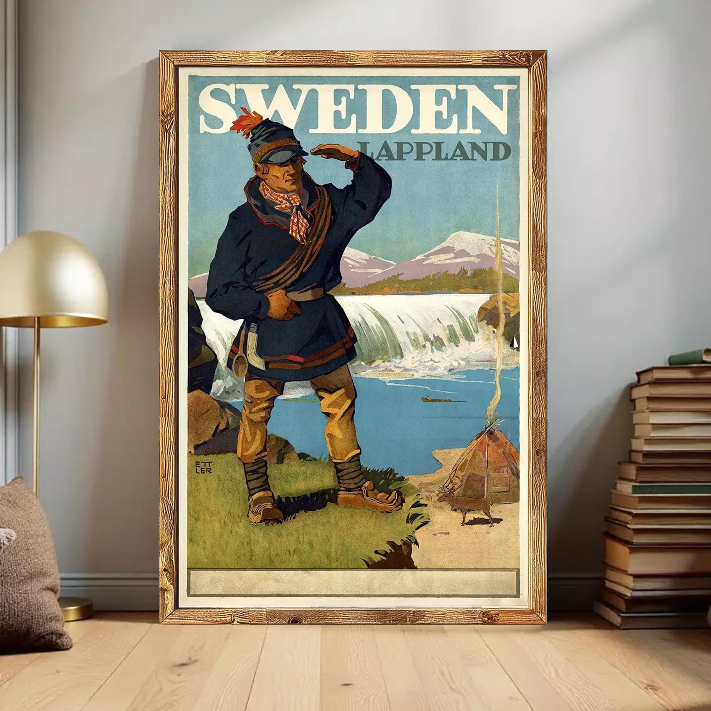 A vintage travel poster depicting a man in traditional Swedish clothing standing in front of a waterfall, with the text "SWEDEN LAPPLAND" prominently displayed.