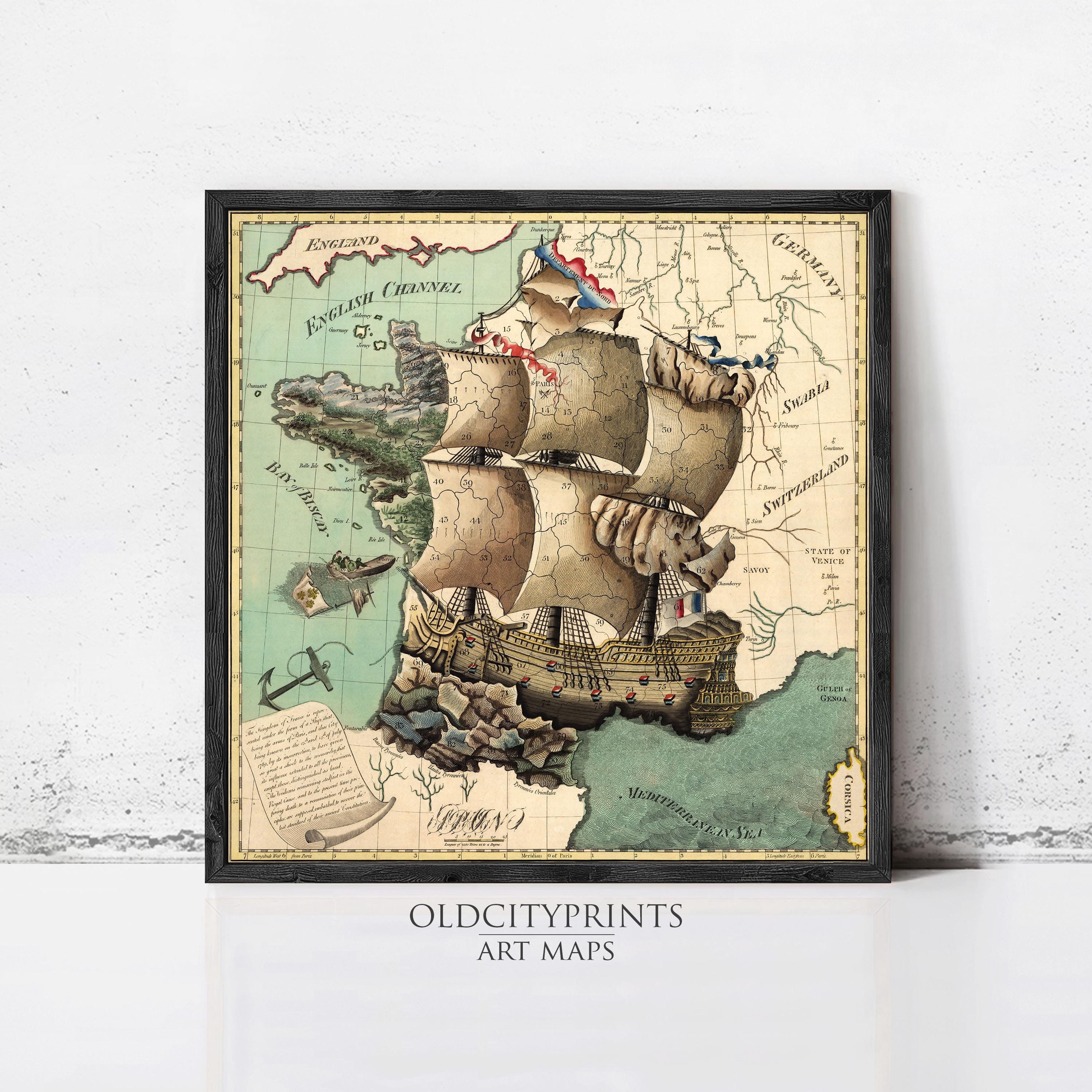 The image is a framed vintage map of Europe, featuring a large sailing ship and various geographical elements such as islands, coastlines, and bodies of water.