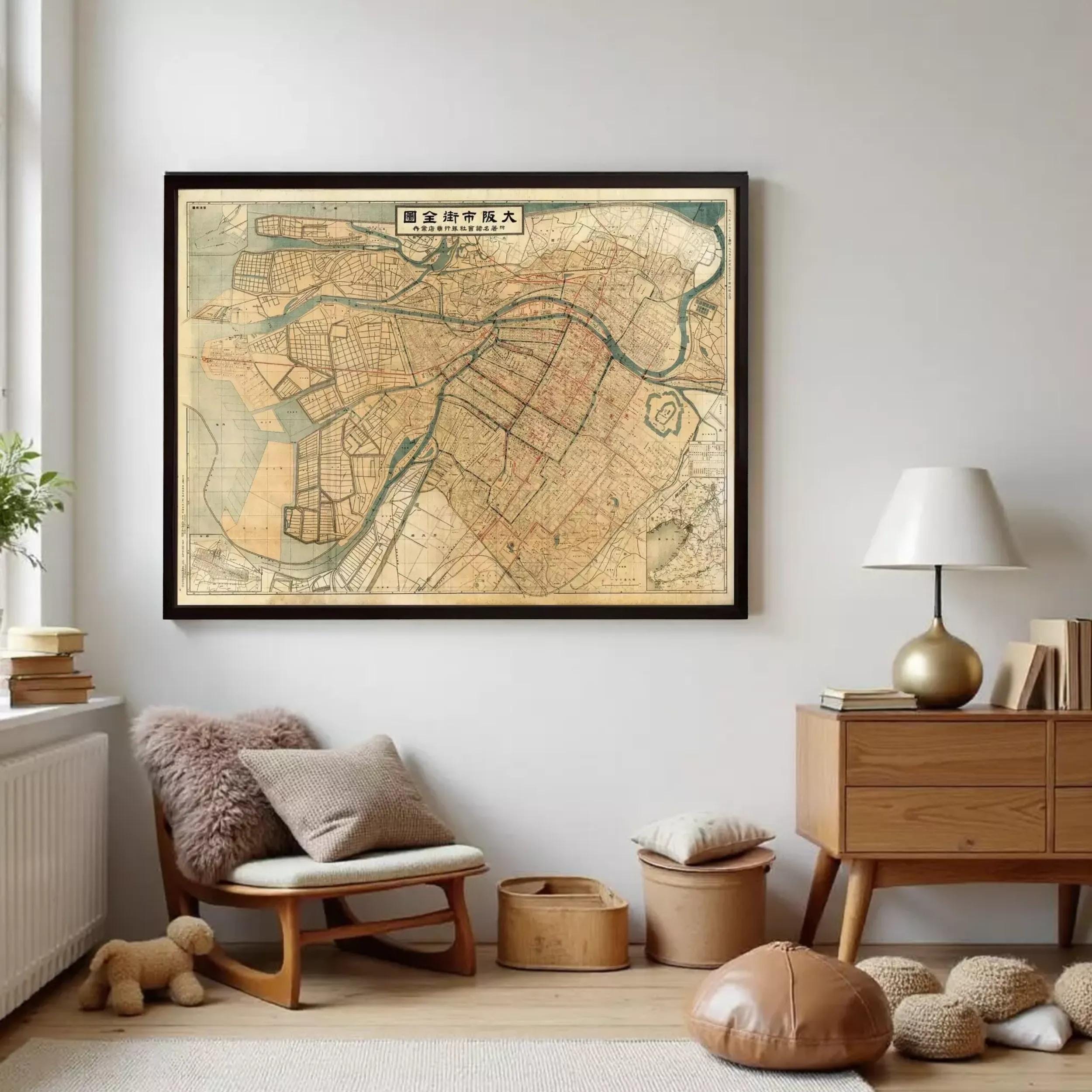 The image is a framed map of a city, likely Tokyo, with various streets and landmarks depicted.