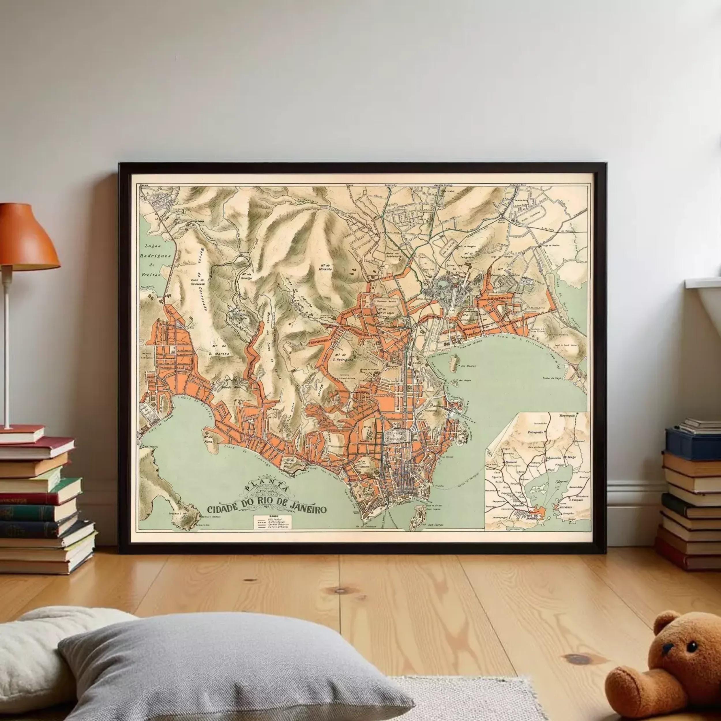 The image is a framed vintage map of a city, depicting the city's layout and surrounding areas.