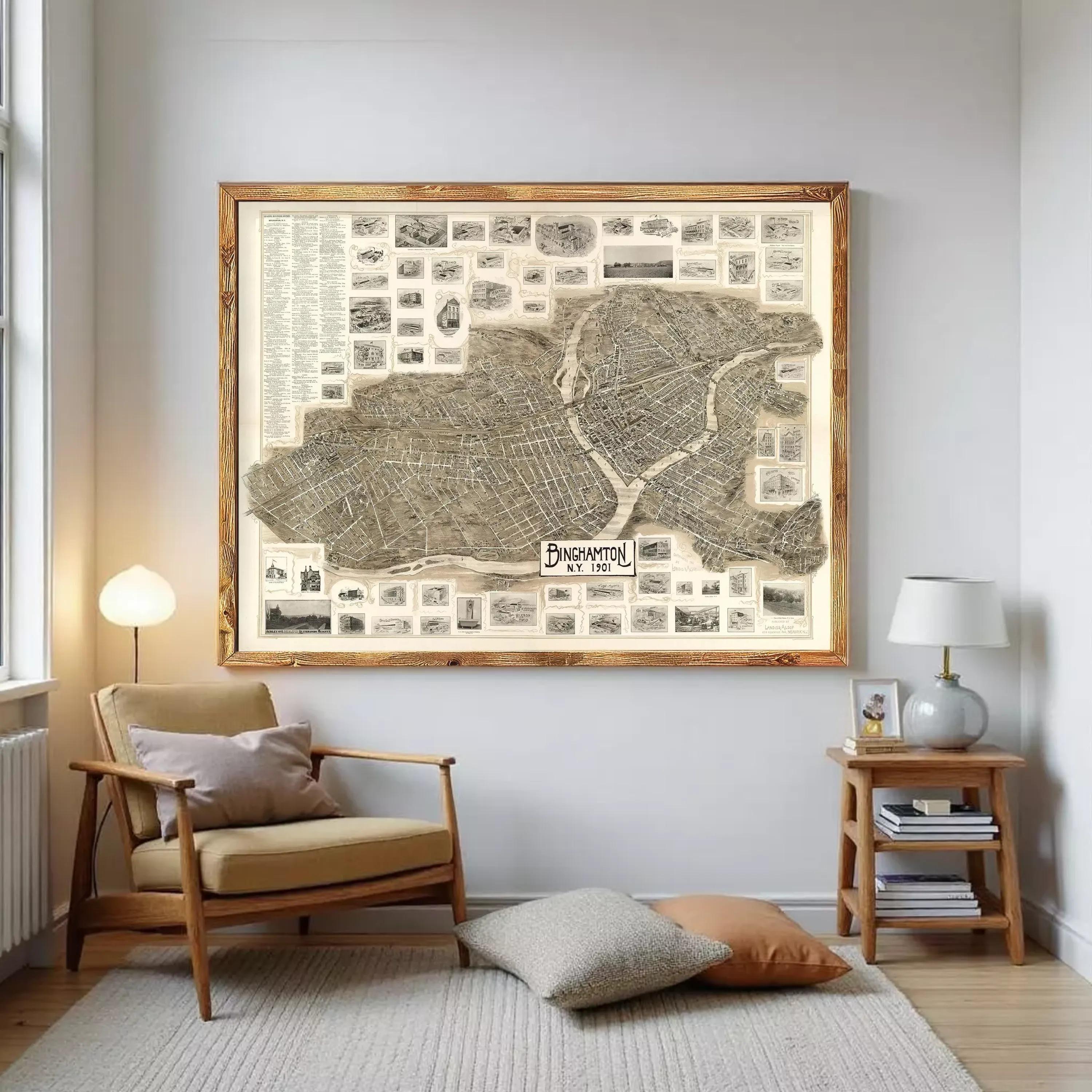 a large framed map of a city hanging on a wall in a living room.