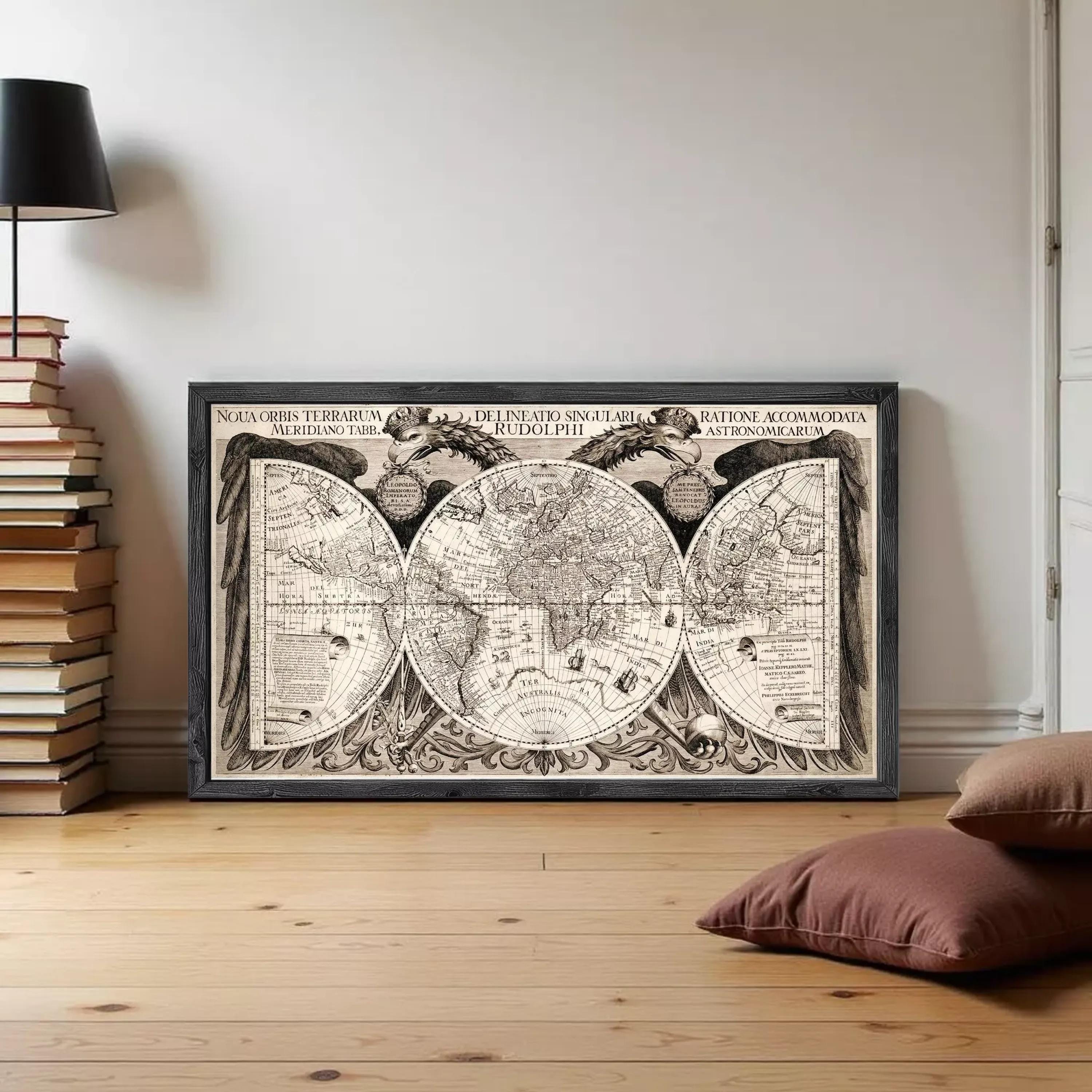 The image is a framed vintage map of the world, featuring intricate details and decorative elements.