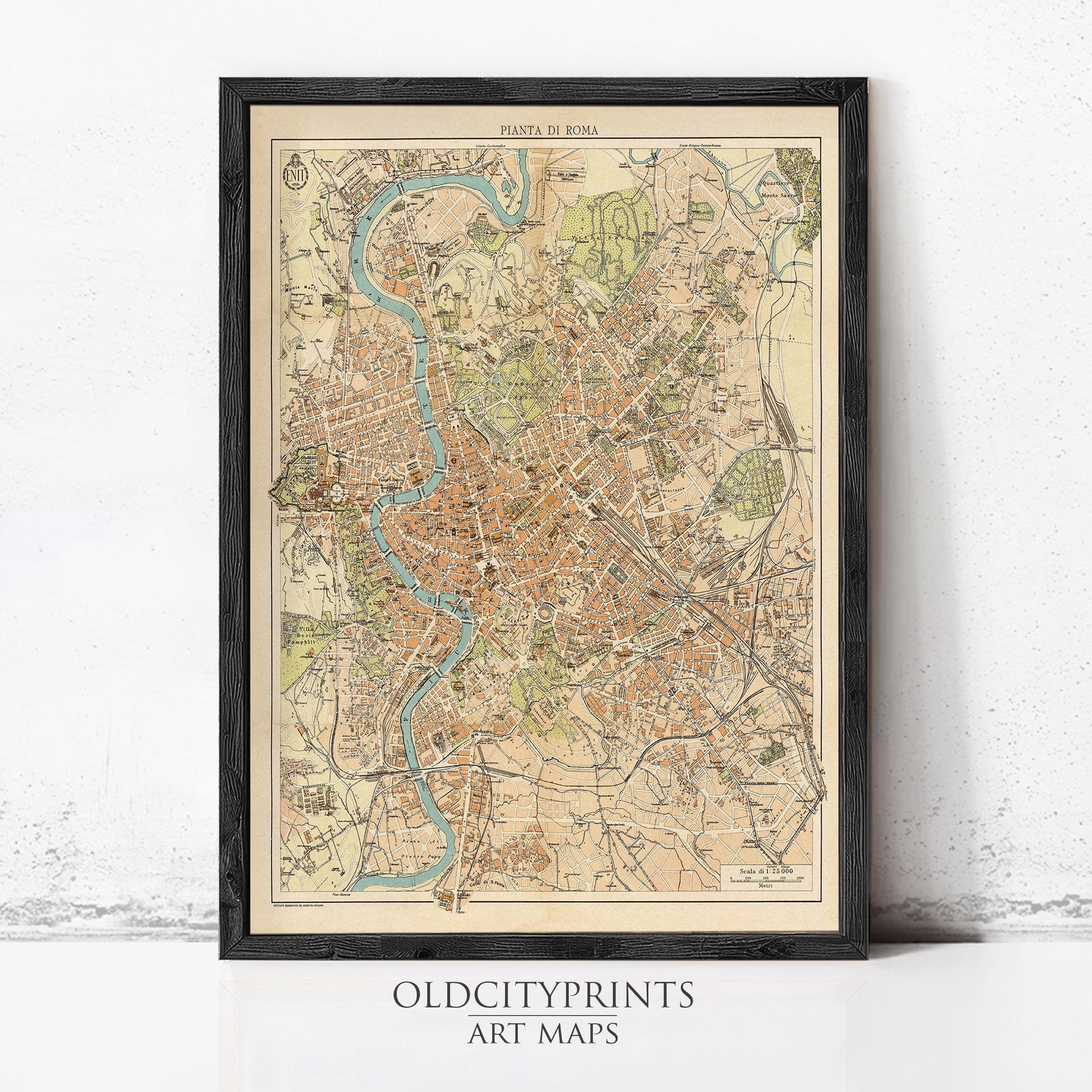 The image is a framed vintage map of Rome, Italy, depicting the city's streets, landmarks, and surrounding areas.