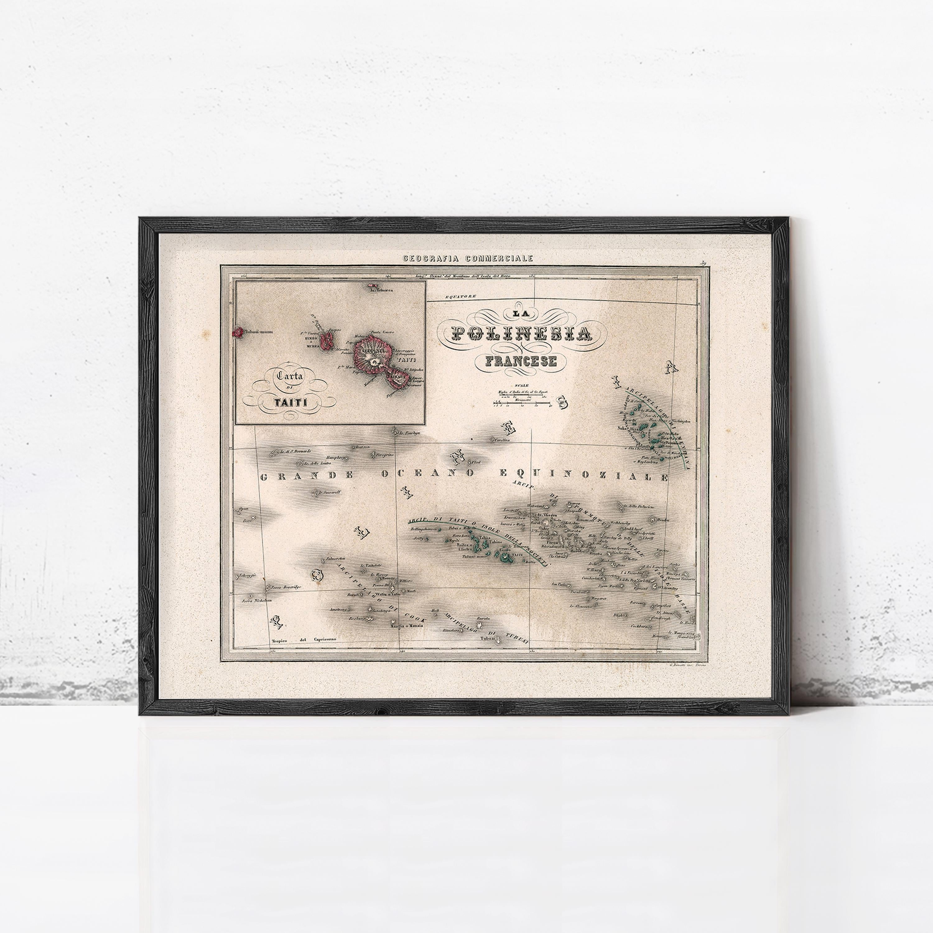 The image is a framed vintage map of the Pacific region, specifically the island of French Guiana.