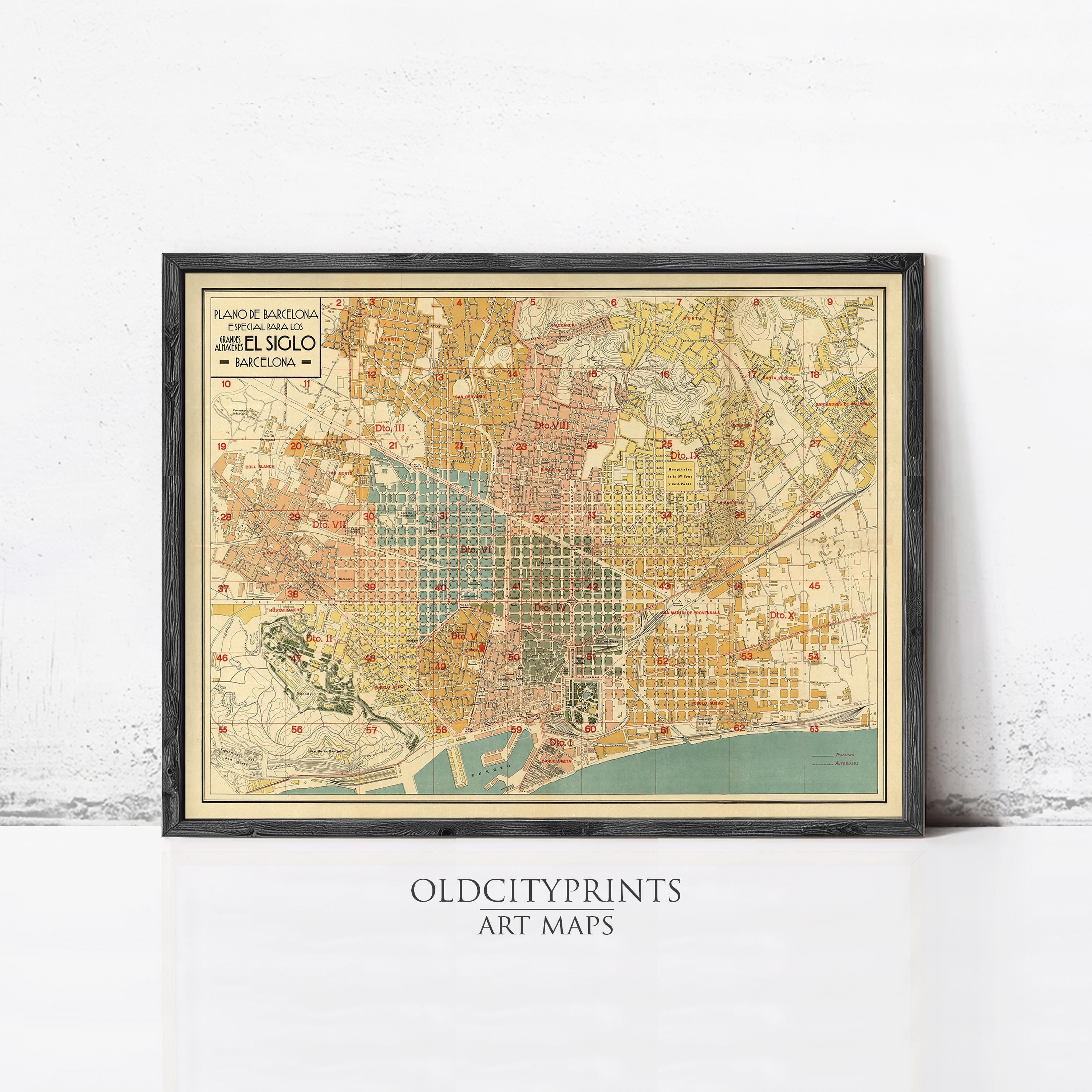 The image is a framed vintage map of Barcelona, Spain, depicting the city's streets and landmarks.