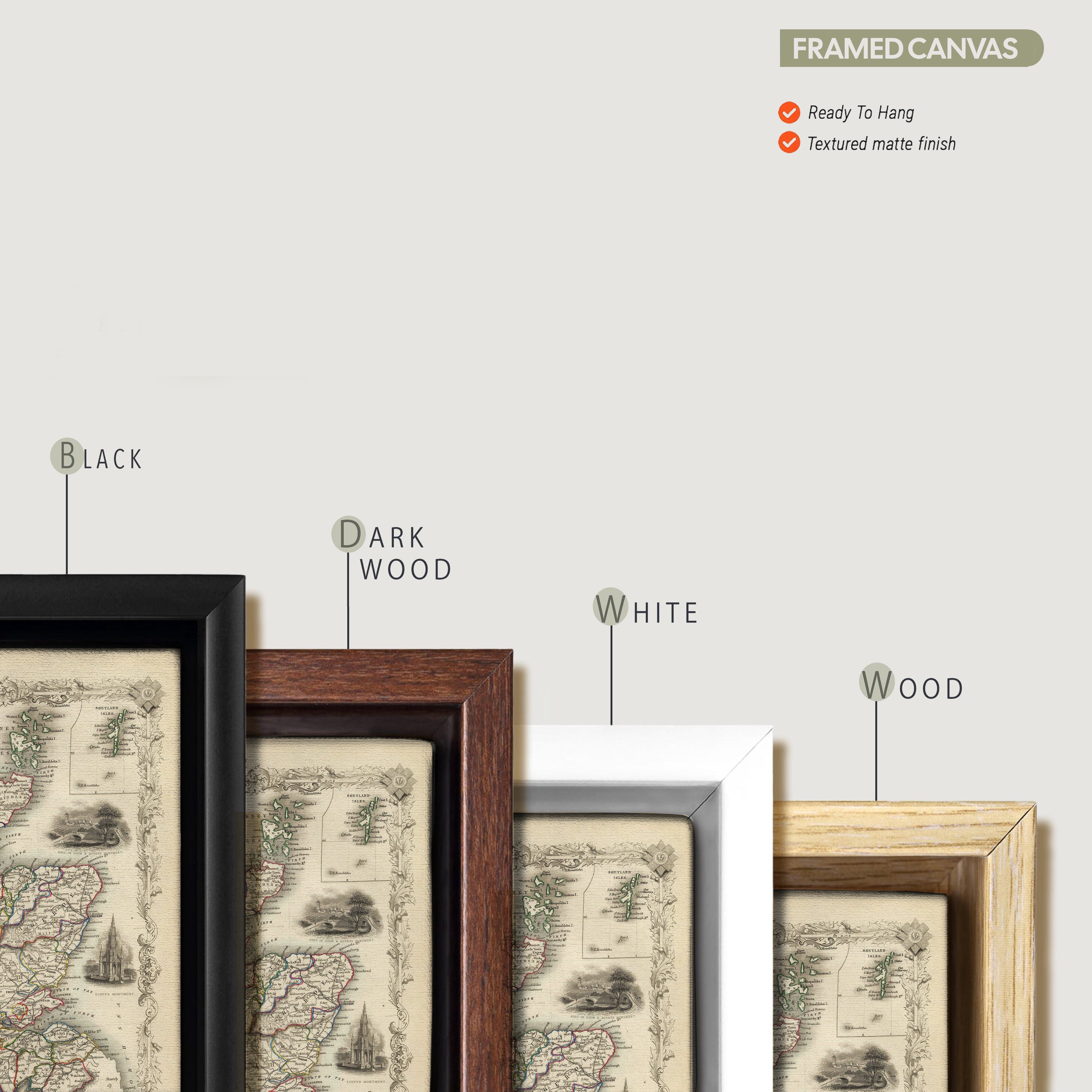 a framed map of Scotland, with the map displayed in different frame colors: black, dark wood, white, and wood.