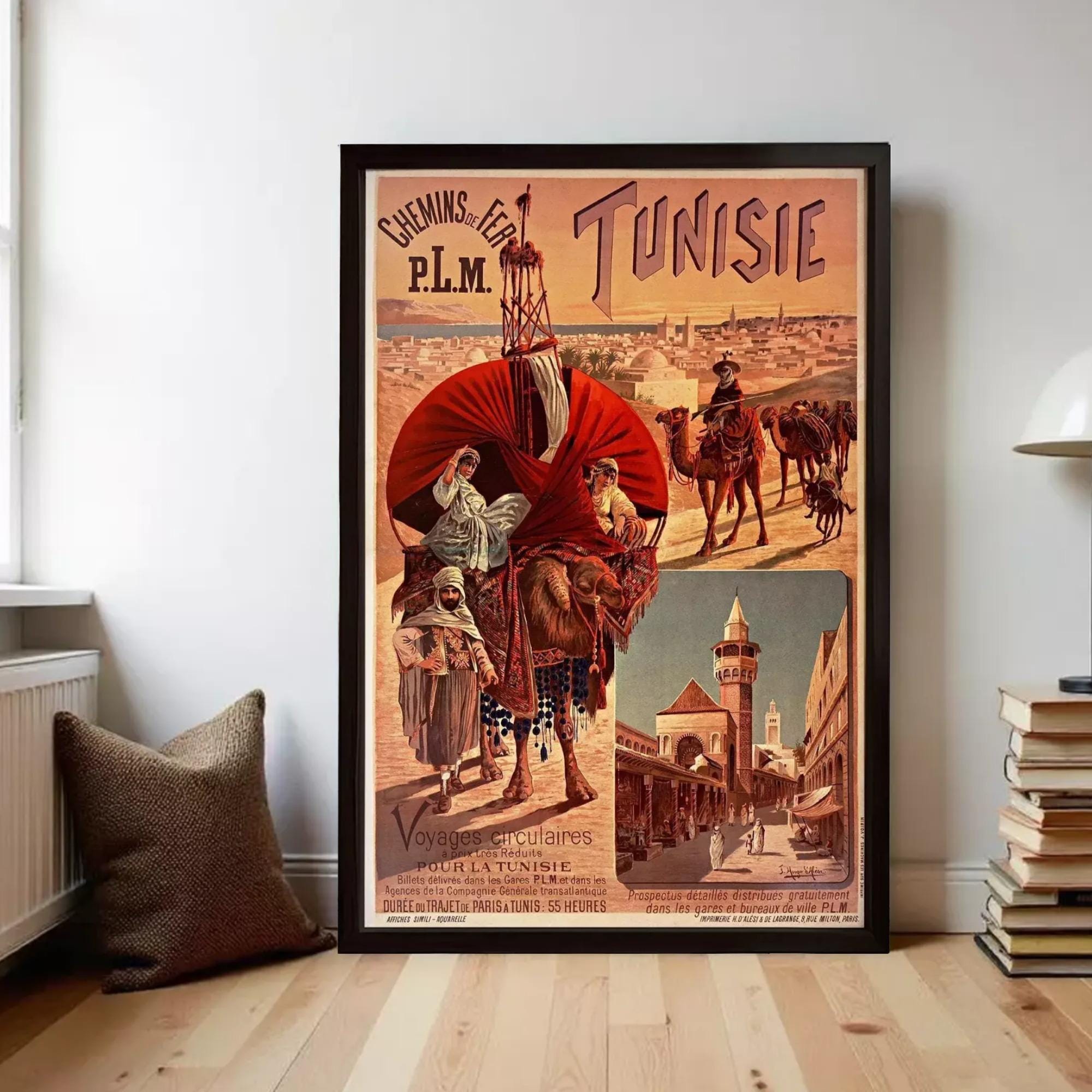 The image is a vintage poster advertising a film called "Cheming of the Flemish and Tunisie" by P.L.M. featuring a desert scene with people and camels.