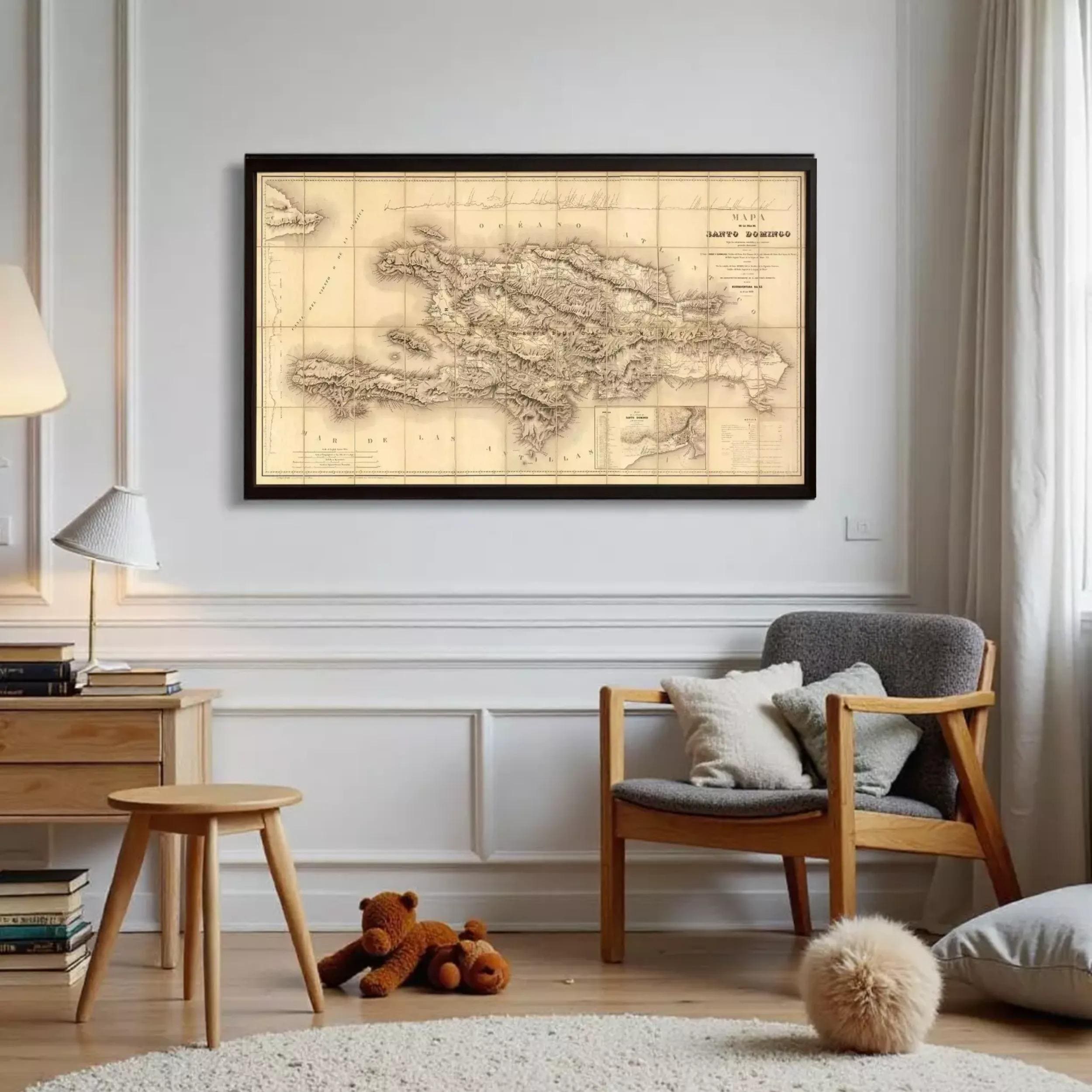 a large framed map of the Caribbean region hanging on a white wall in a cozy living room setting.