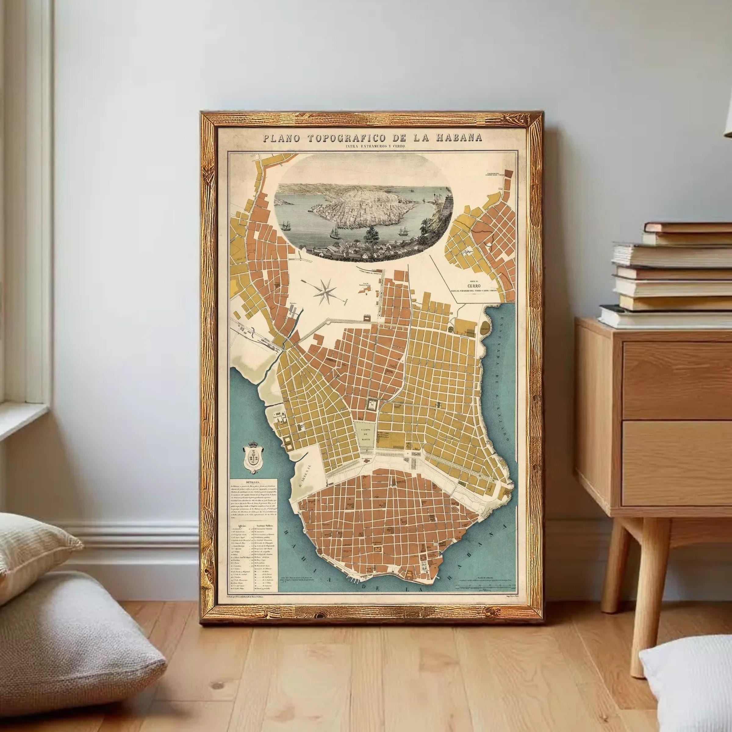 The image is a framed vintage map of Havana, Cuba, depicting the city's layout and surrounding areas.