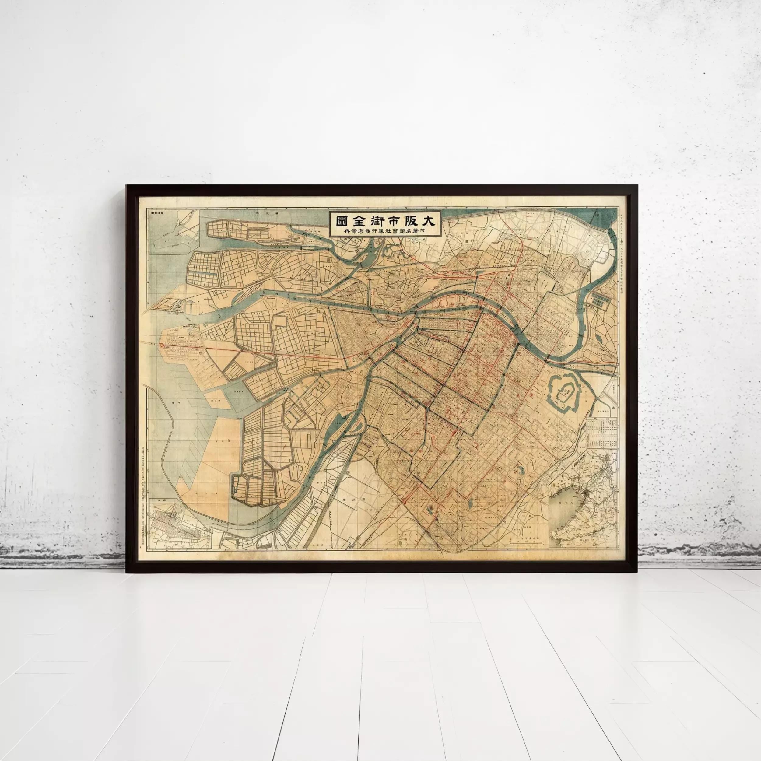 The image is a framed map of a city, likely Tokyo, with various streets and landmarks depicted.