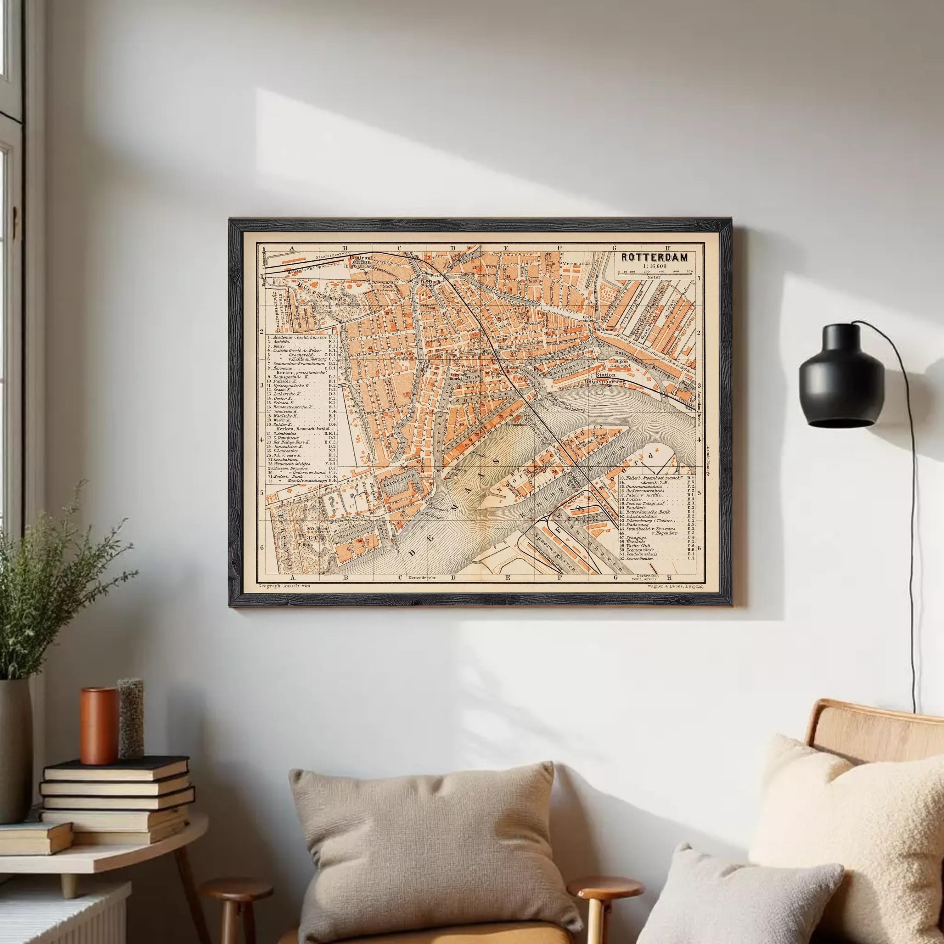 The image is a framed vintage map of Rotterdam, Netherlands, depicting the city's streets and landmarks.