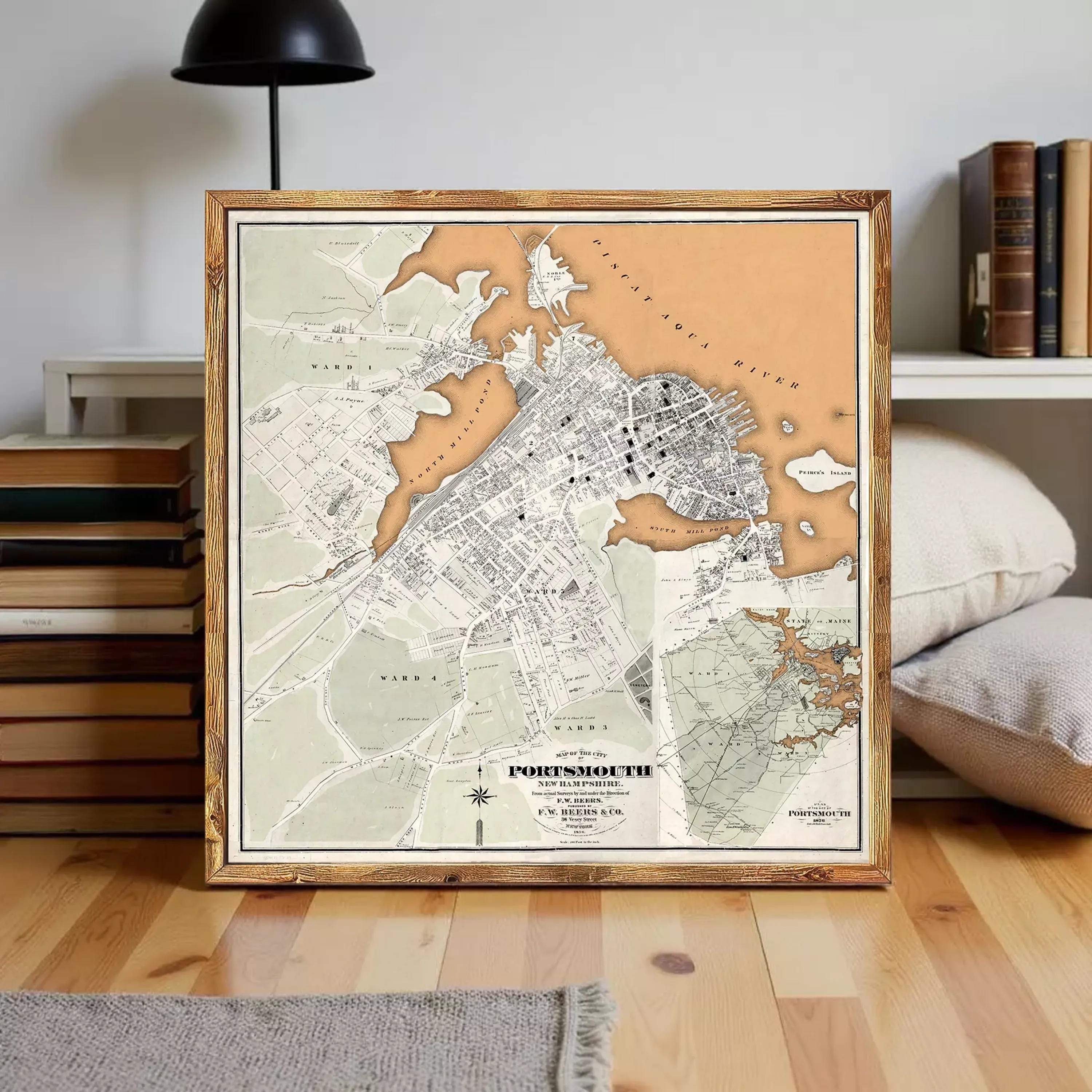 The image is a framed map of the city of Portsmouth, New Hampshire, USA.