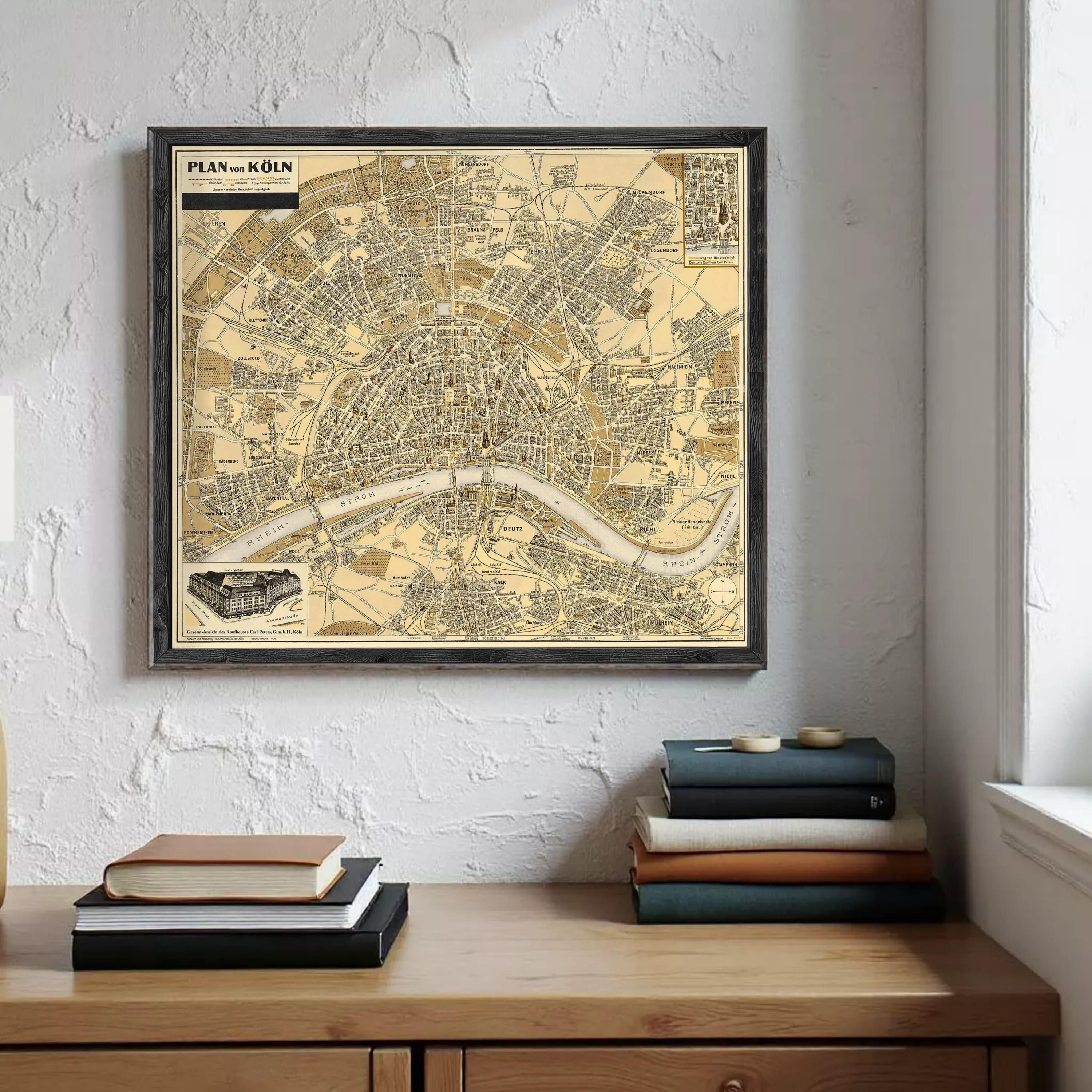The image is a framed vintage map of the city of König, Germany, depicting the city's streets, landmarks, and surrounding areas.