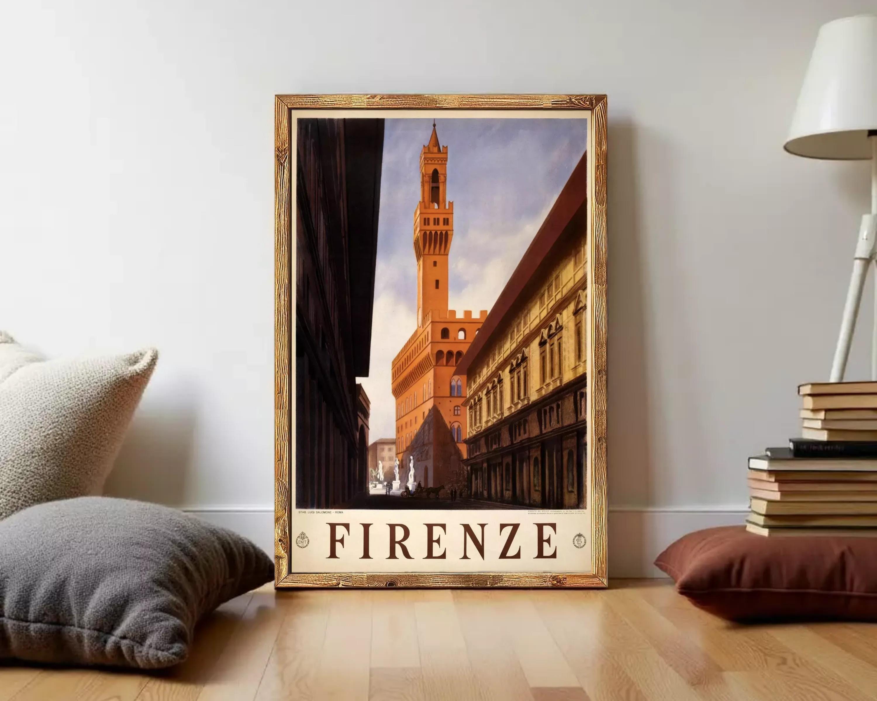 A framed poster of the Florence Cathedral, also known as the Piazza del Duomo, with the word "FIREZNE" prominently displayed.