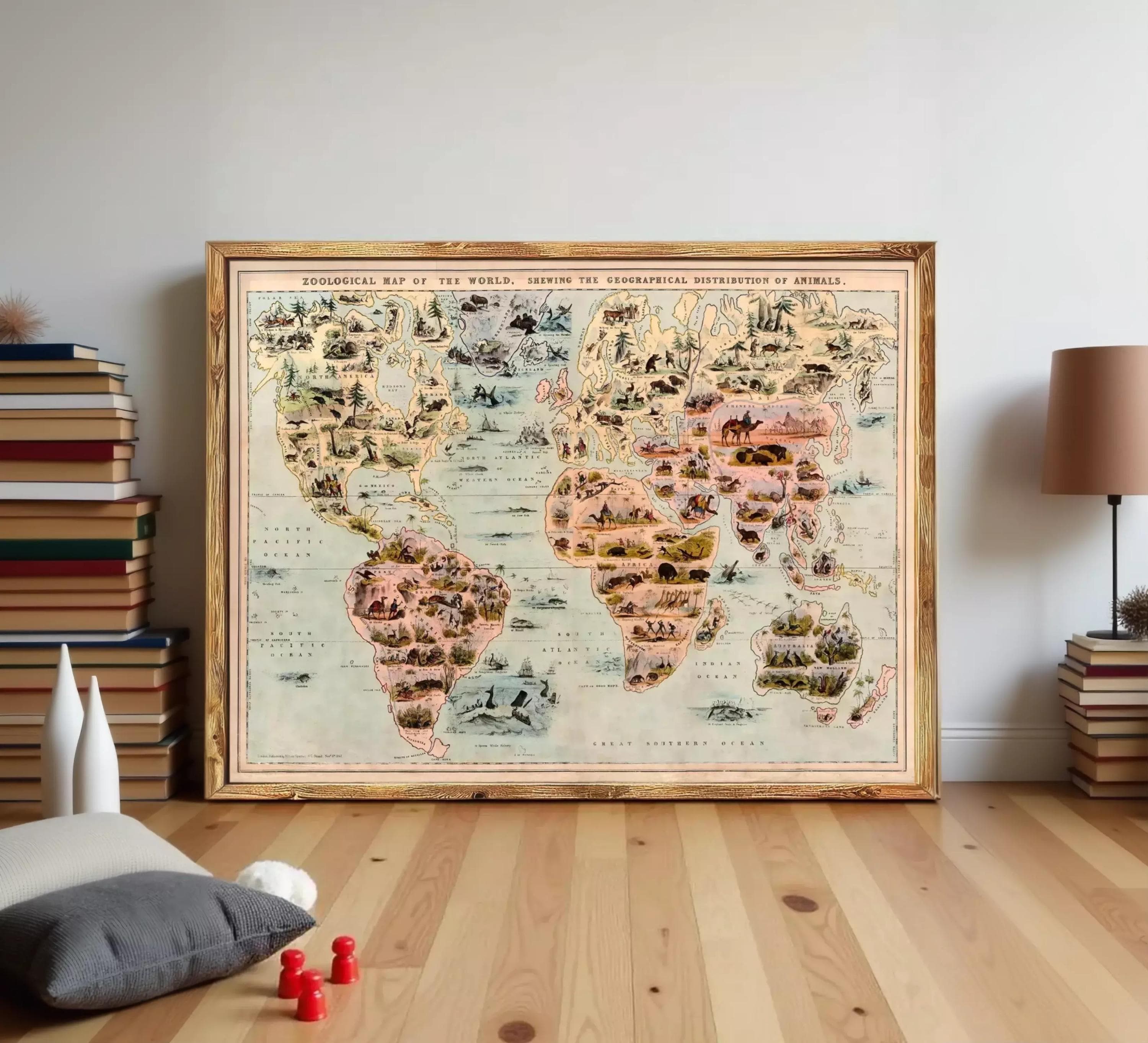 a large, colorful world map with various illustrations and labels, displayed on a wall in a room with a wooden floor.