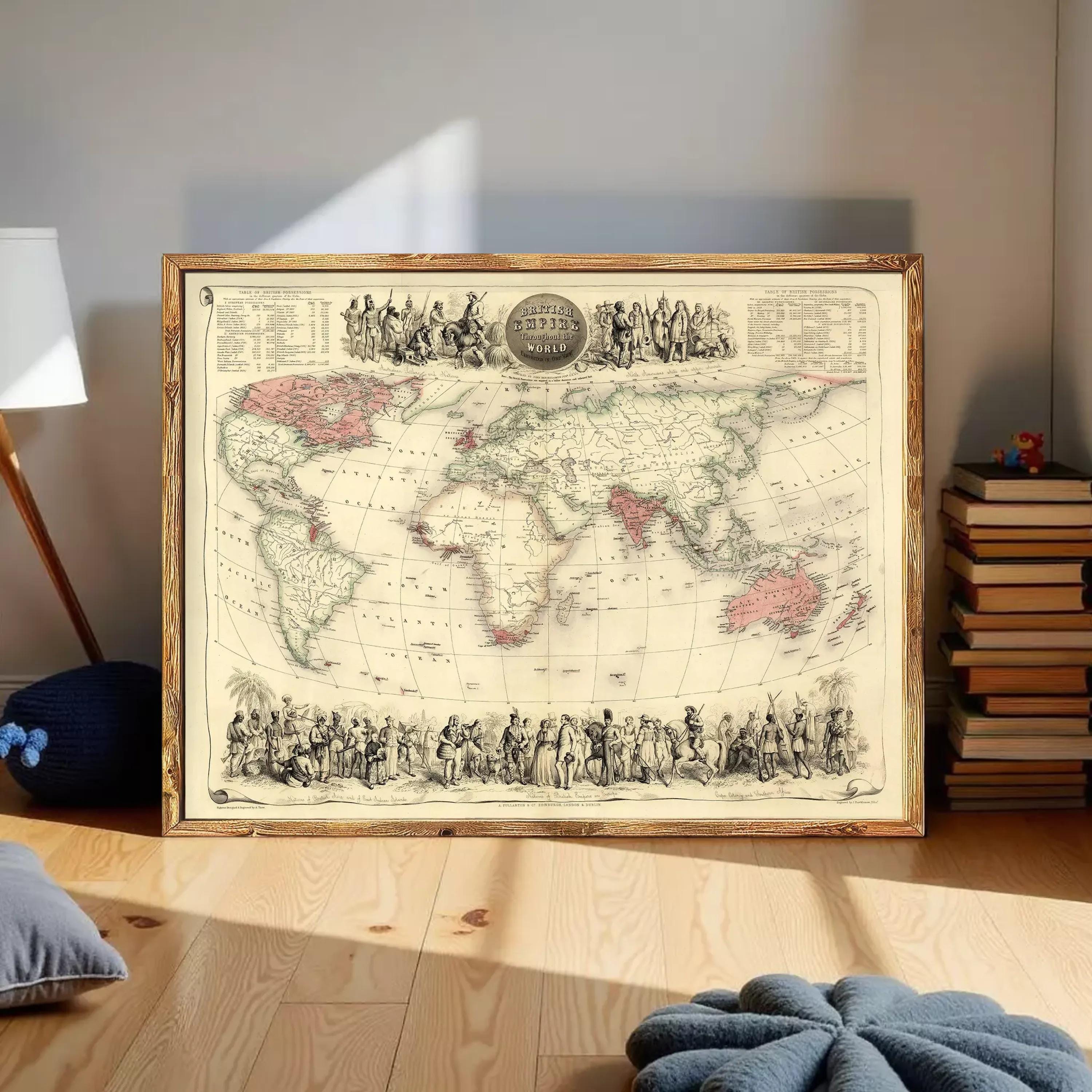 a large world map with a detailed illustration of people and various landmarks. The map is displayed on a wooden floor, with a stack of books and a blue pillow visible in the background.
