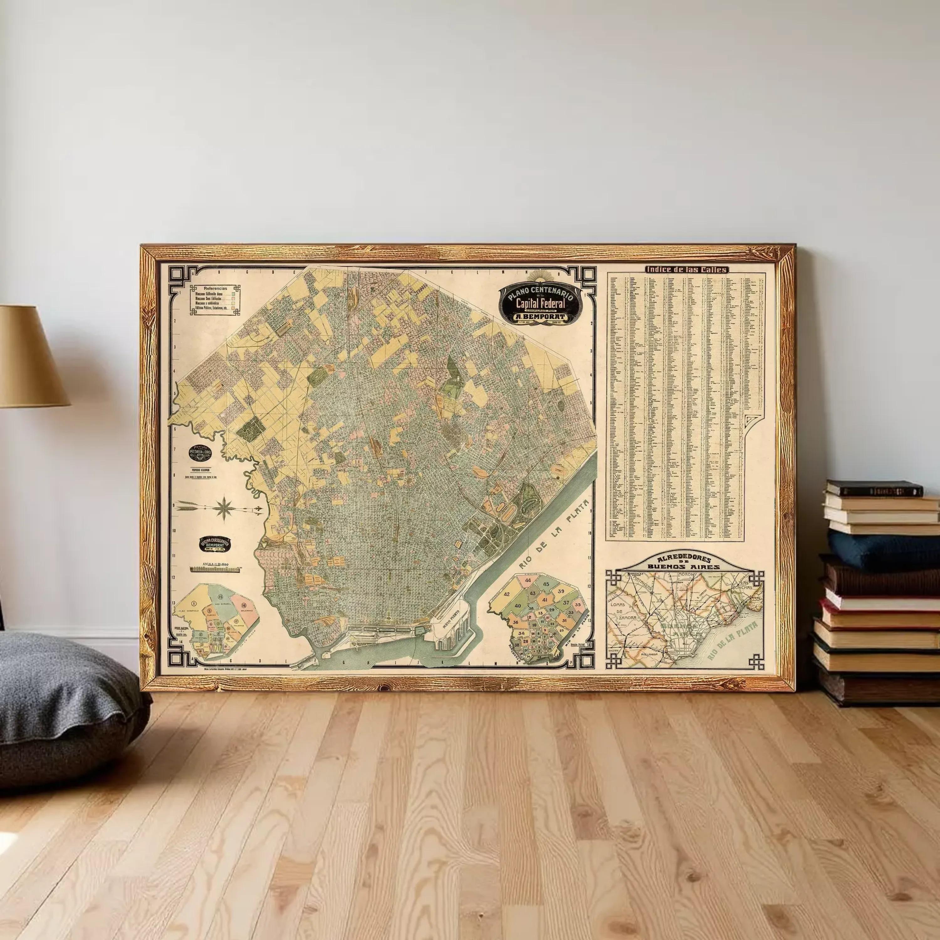 a large framed map of a city, with a detailed map of the city displayed on the wall.