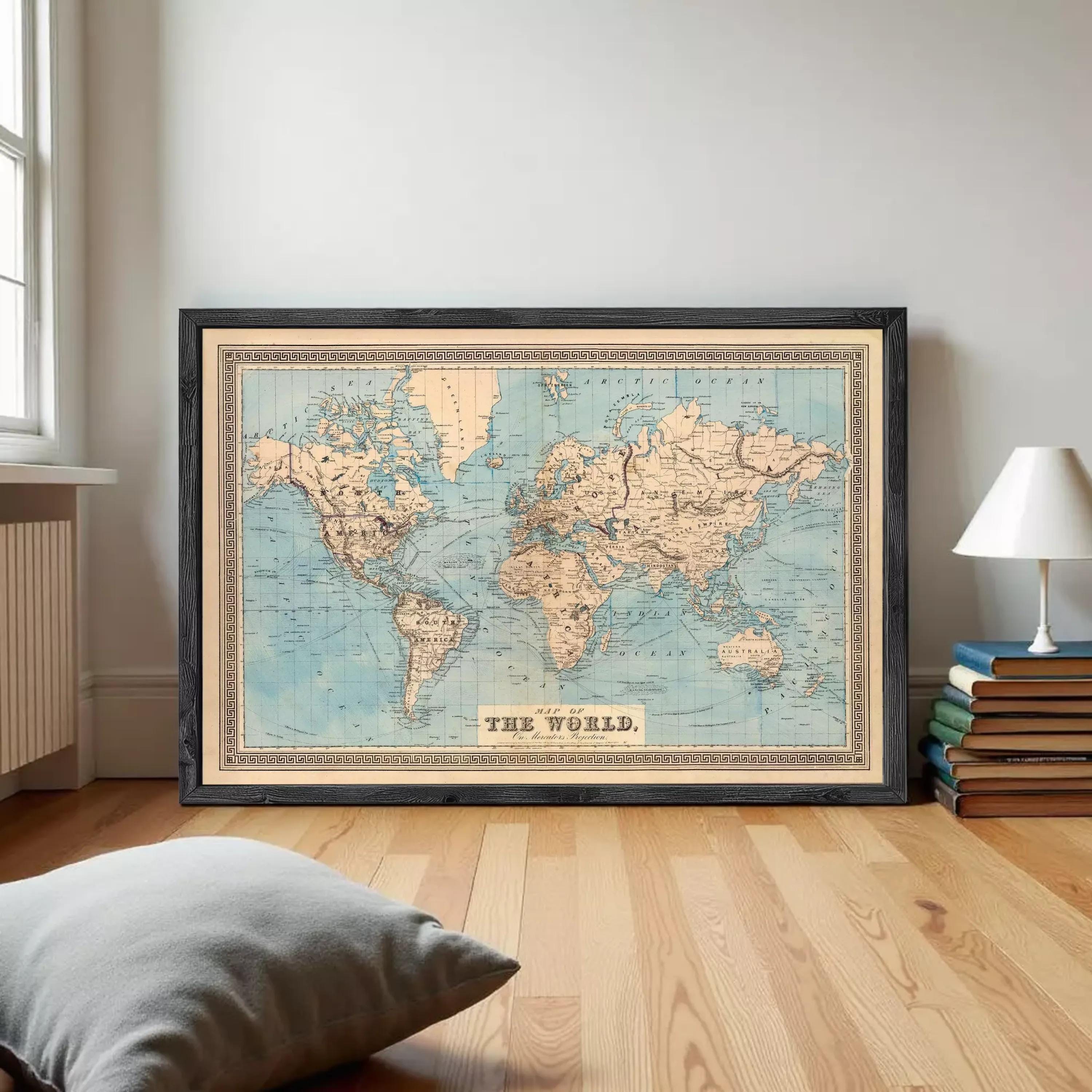 The image is a framed vintage world map with the title "The World" at the bottom.