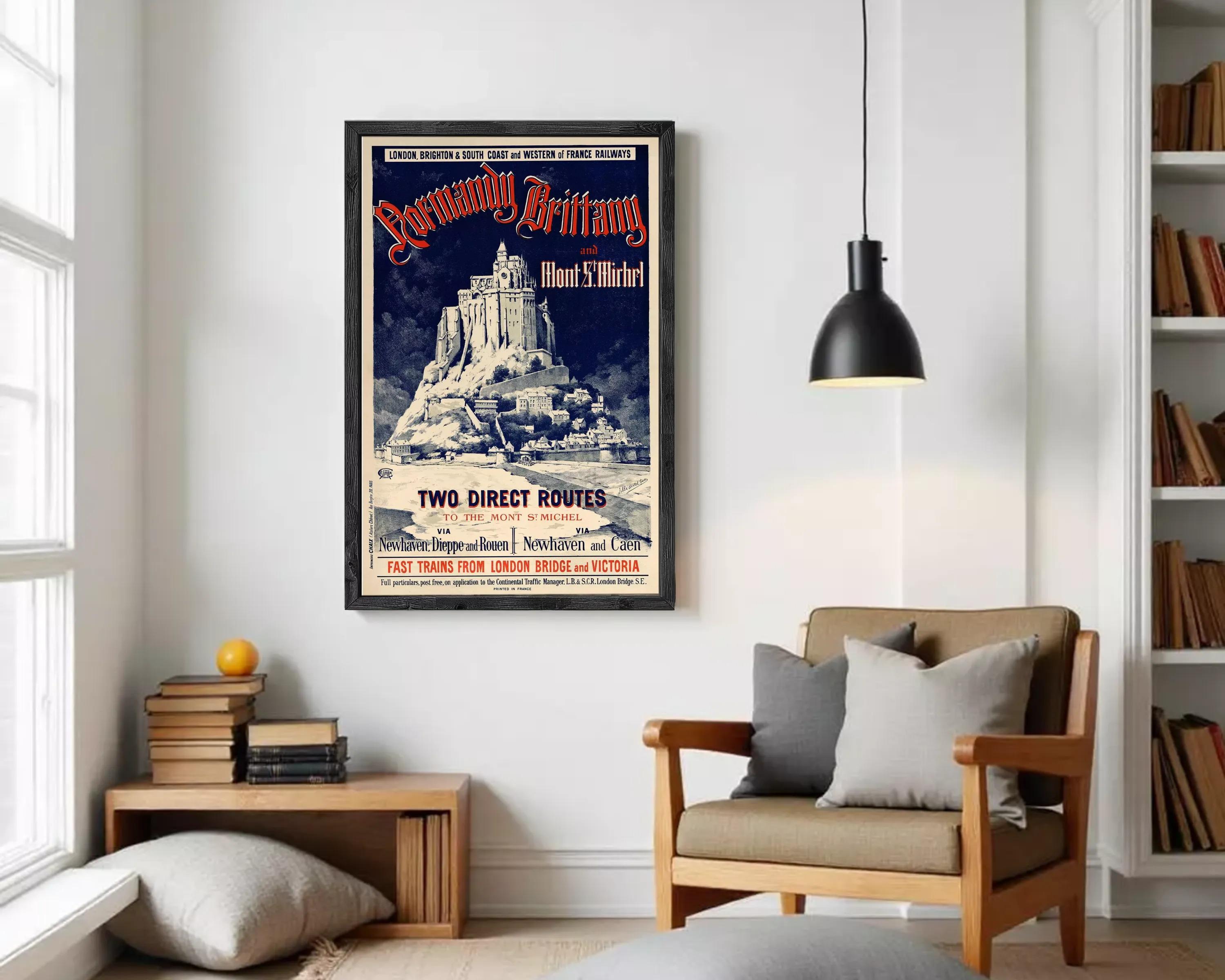 The image is a framed poster advertising a tour of the Mont Saint-Michel in the city of London, featuring a castle-like structure on a mountain.