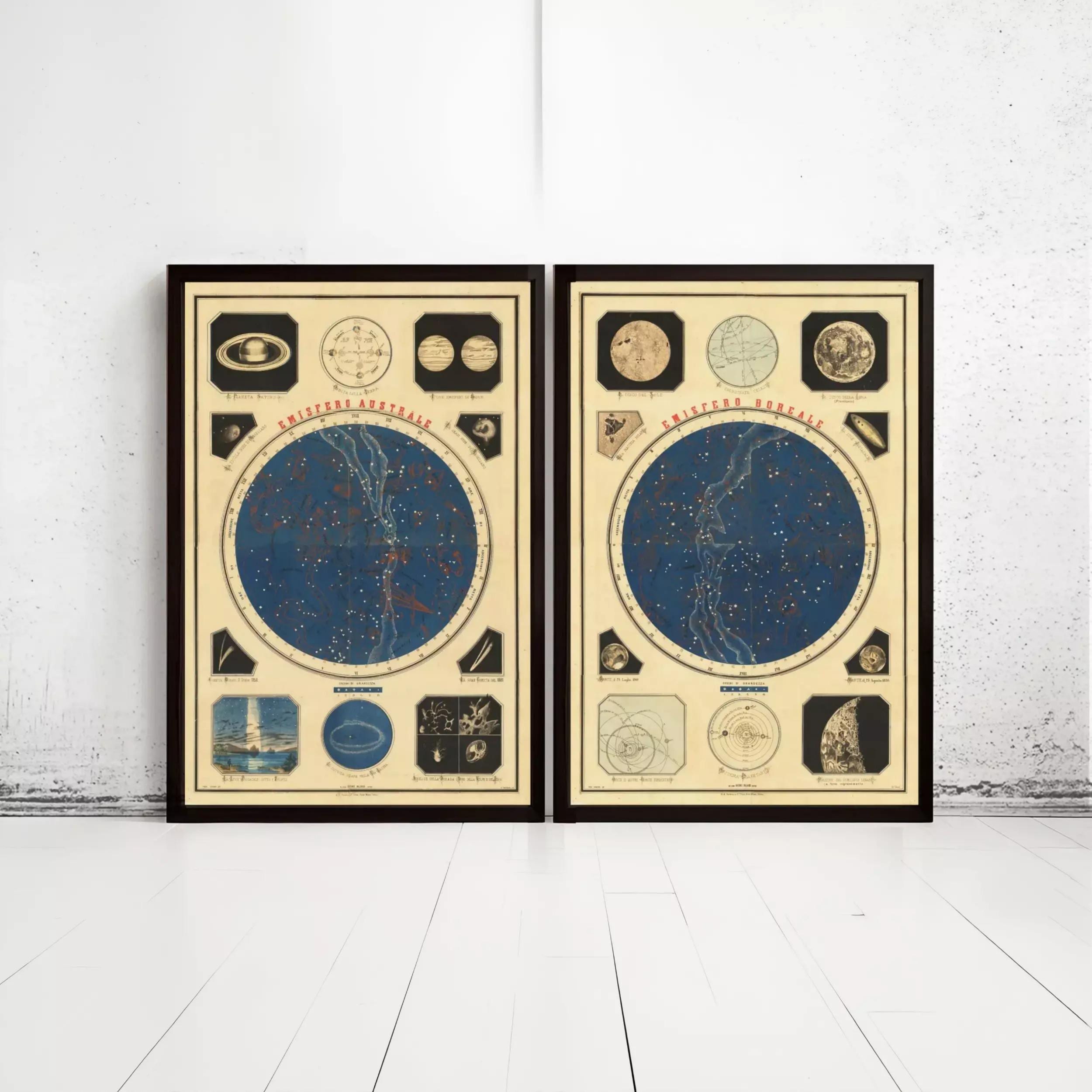 two framed star maps or celestial maps, each containing various celestial objects and symbols, displayed on a white wall.