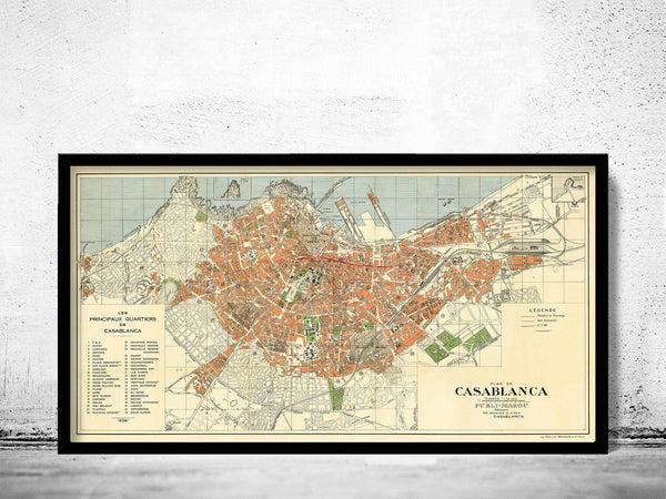 Old Map of Casablanca Morocco 1950 Vintage Map | Vintage Map Wall Art Print