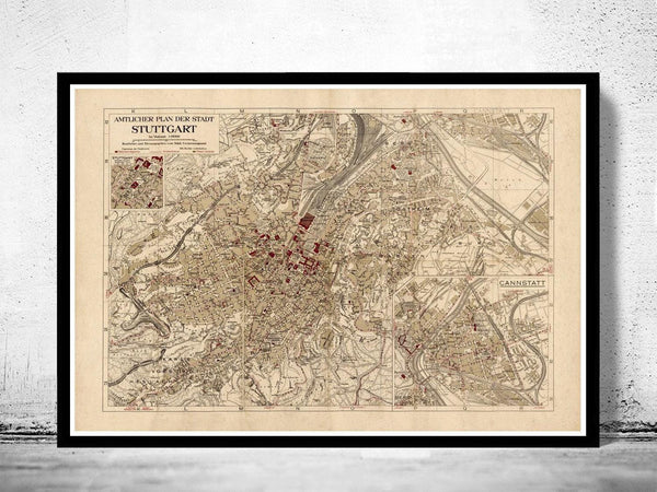 Old Map of Stuttgart Germany 1925 Vintage map | Vintage Map Wall Art Print