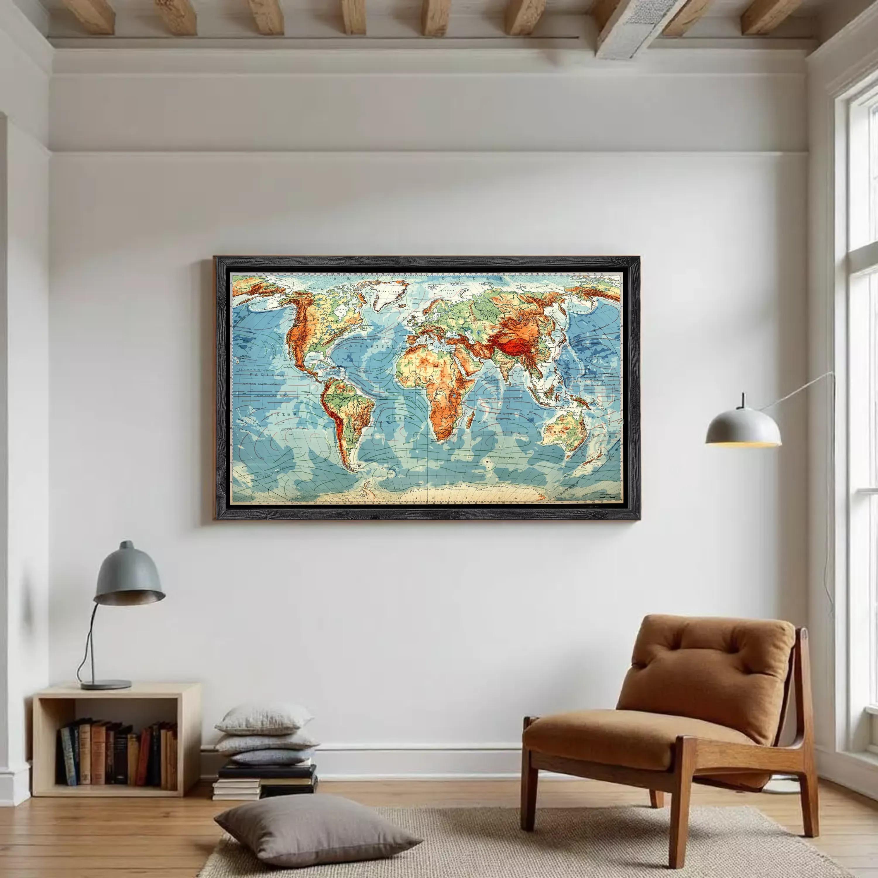 The image is a framed vintage world map with a colorful and detailed depiction of the continents and oceans.