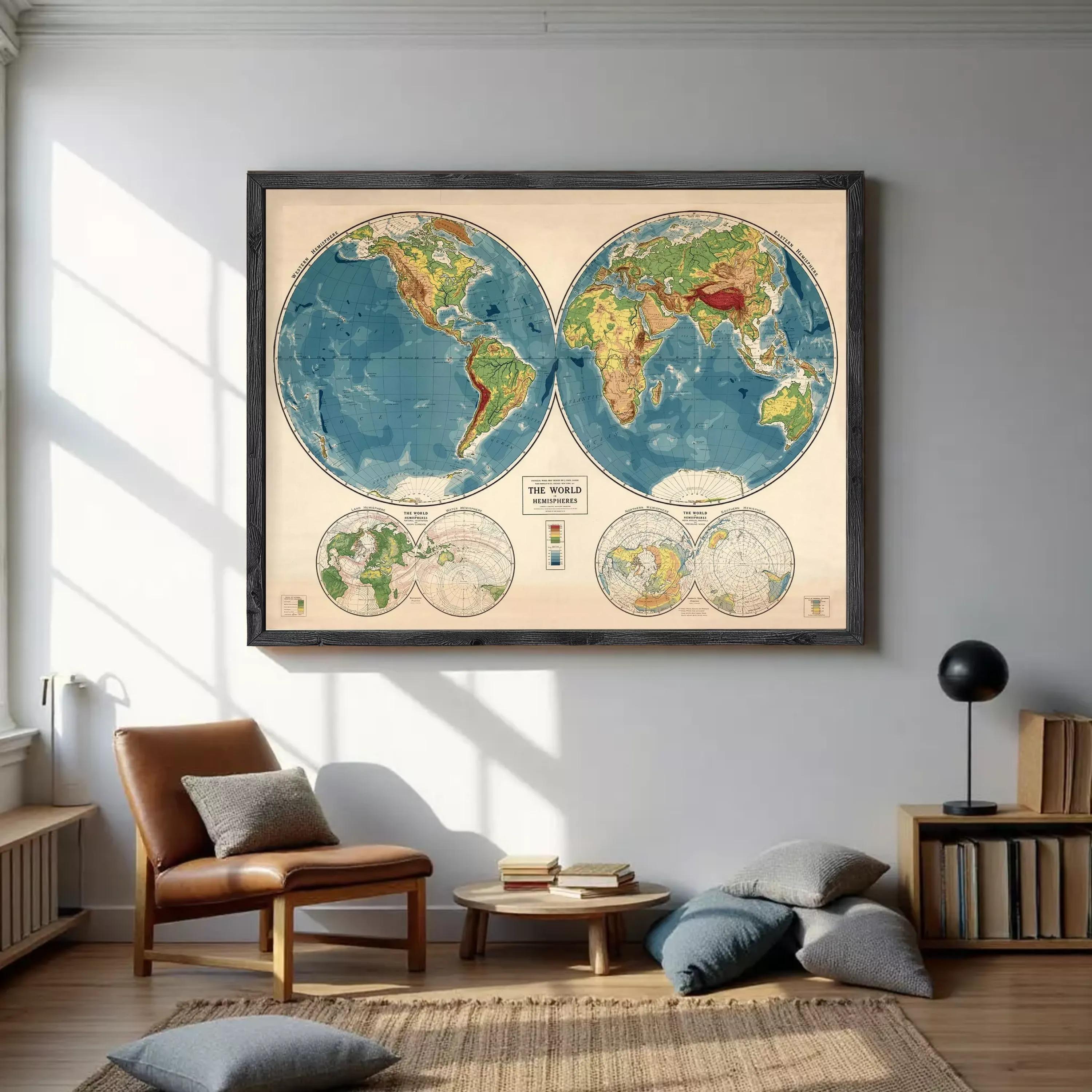 The image is a framed vintage map of the world, depicting the continents and oceans in a detailed and colorful manner.