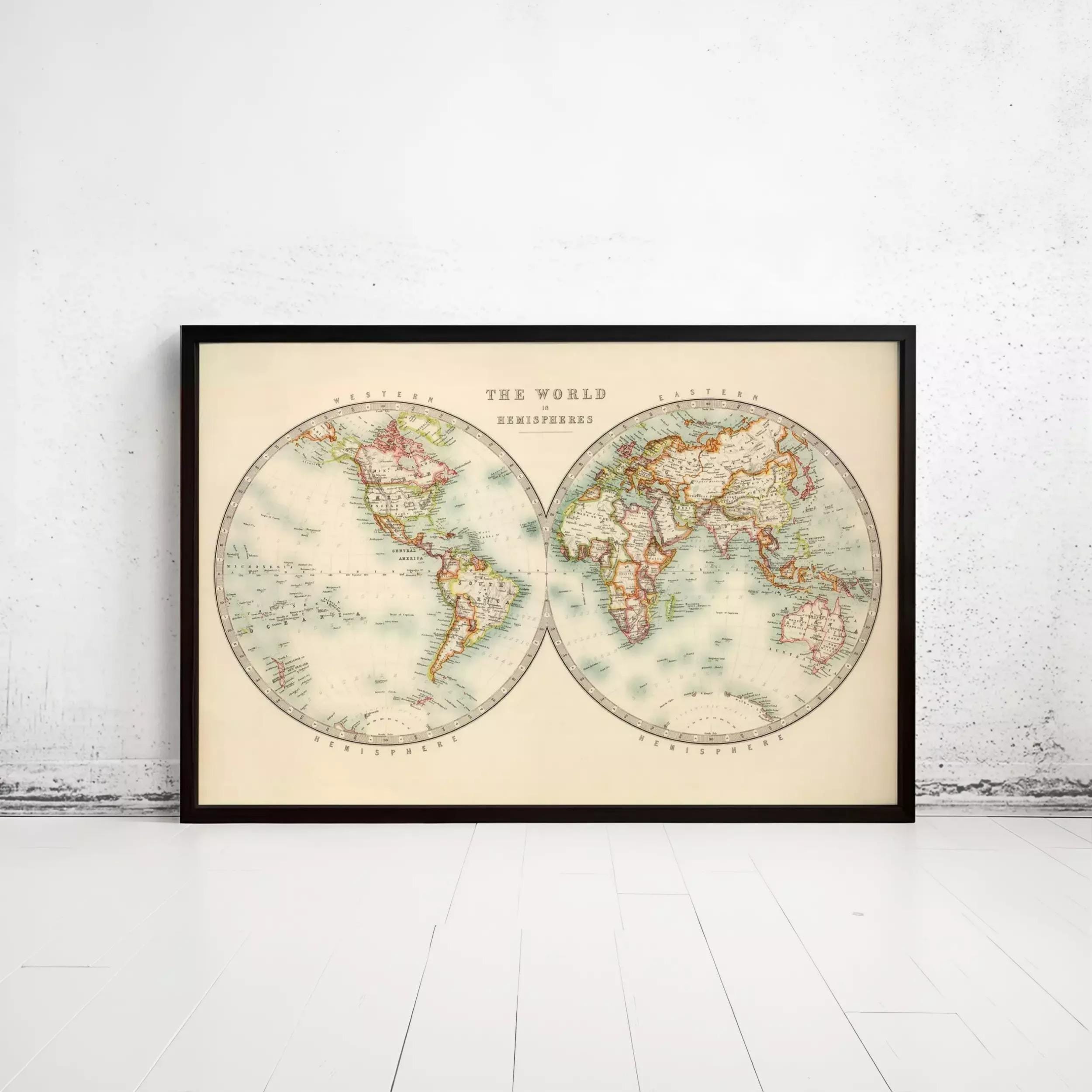 The image is a framed vintage world map depicting the continents and oceans, with the title "The World" at the top.