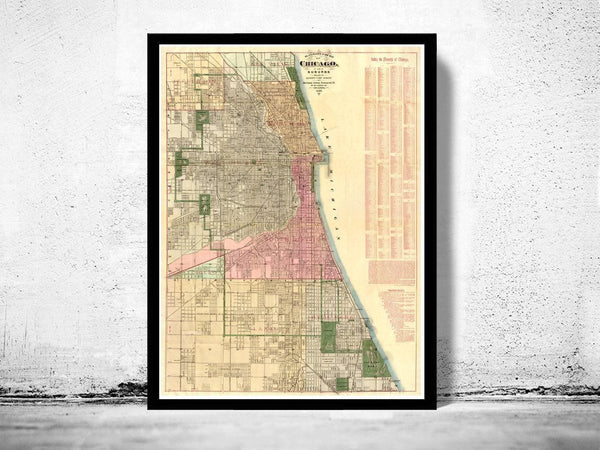 Old vintage map of Chicago 1886 Vintage Map | Vintage Map Wall Art Print