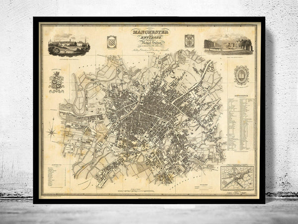 Old Map of Manchester City 1824 Vintage Map | Vintage Map Wall Art Print