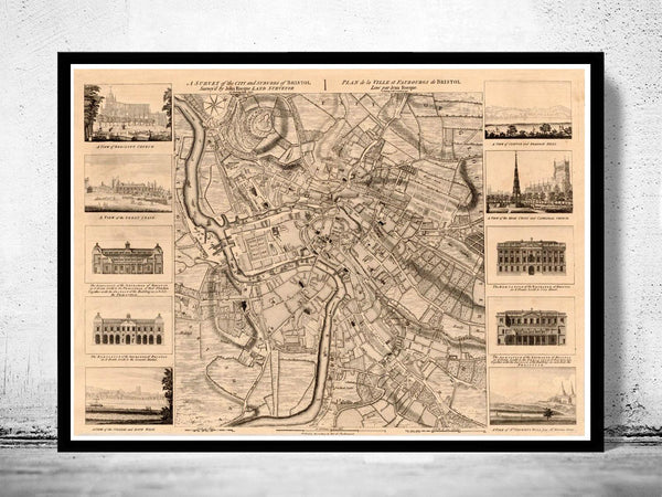 Old Map of Bristol UK 1750 Vintage Map | Vintage Map Wall Art Print