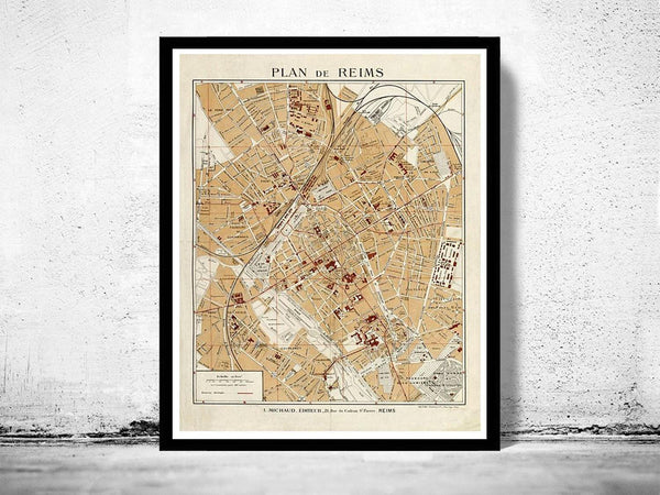 Old Map of Reims France 1926  | Vintage Map Wall Art Print