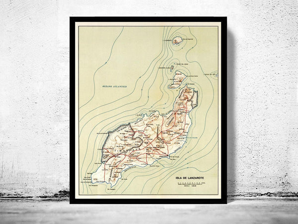 Old Map of Lanzarote Island Spain Vintage Map  | Vintage Map Wall Art Print