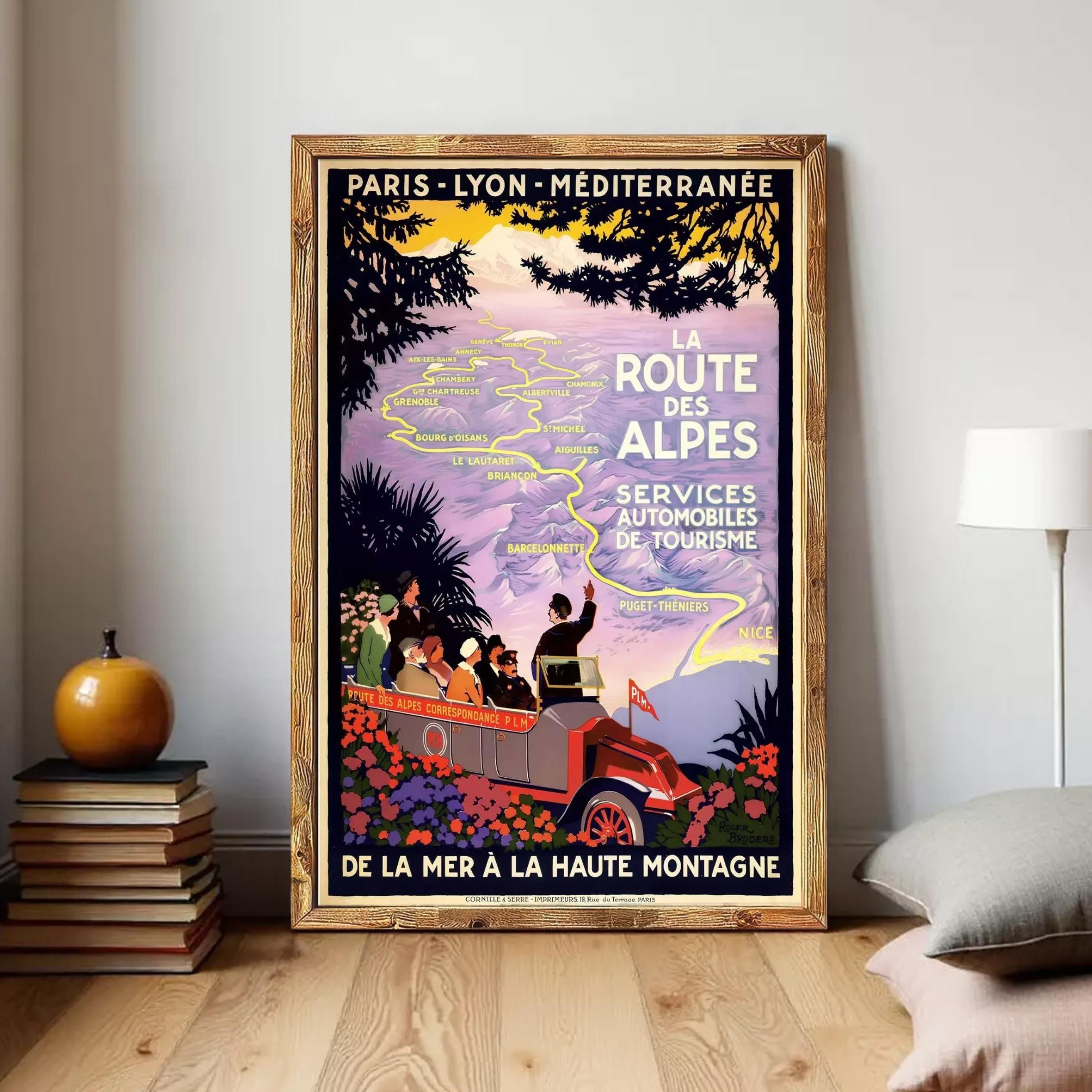 A vintage travel poster advertising a tour of the route to the Alps, featuring a group of people in a car and a scenic landscape.
