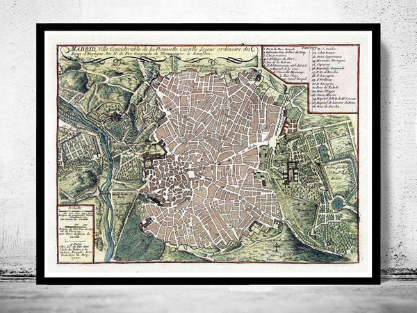 Old Map of Madrid with gravures, Spain Espana 1717 Vintage  | Vintage Map Wall Art Print