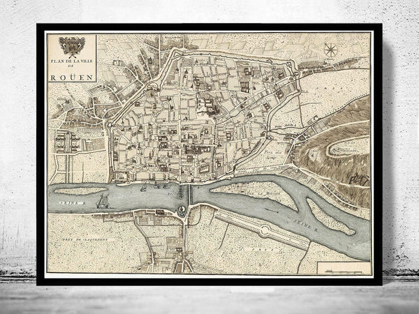 Old Map of Rouen  France City Plan 1740 Vintage Map | Vintage Map Wall Art Print