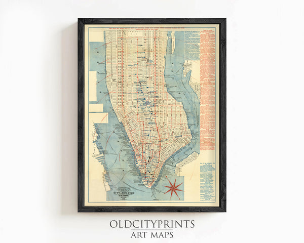 Old Map of New York and Manhattan 1879 Vintage NY Map | Vintage Map Wall Art Print