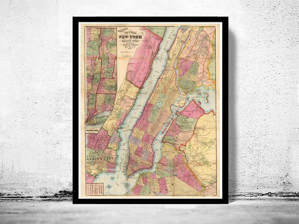 Old Map of New York and Manhattan Bronx Brooklyn 1874 Vintage Map  | Vintage Map Wall Art Print