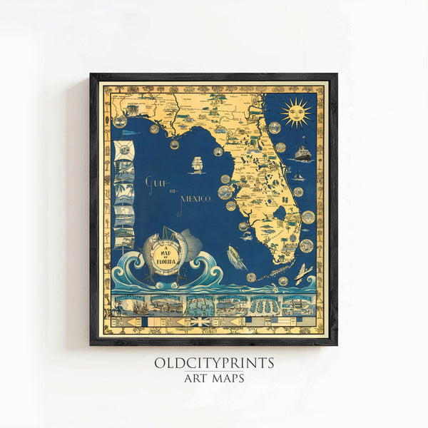 Old Map of Florida 1935 Vintage Map | Vintage Map Wall Art Print