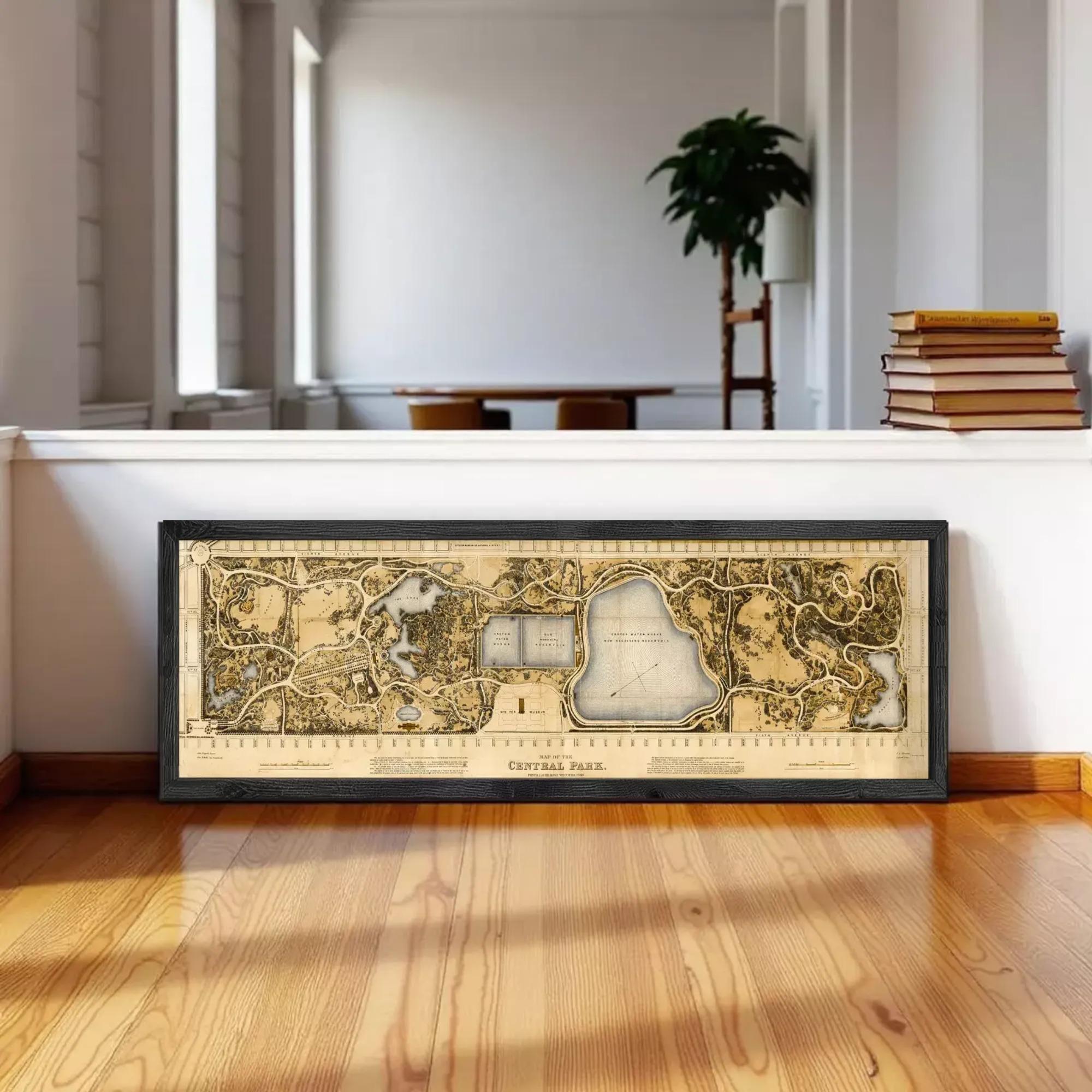 A framed map of Central Park is displayed on a wooden floor in a room with a bookshelf and a plant in the background.