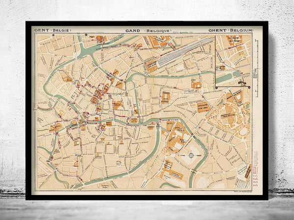 Old Map of Gent Ghent Gand Belgium 1923 Vintage Map | Vintage Map Wall Art Print