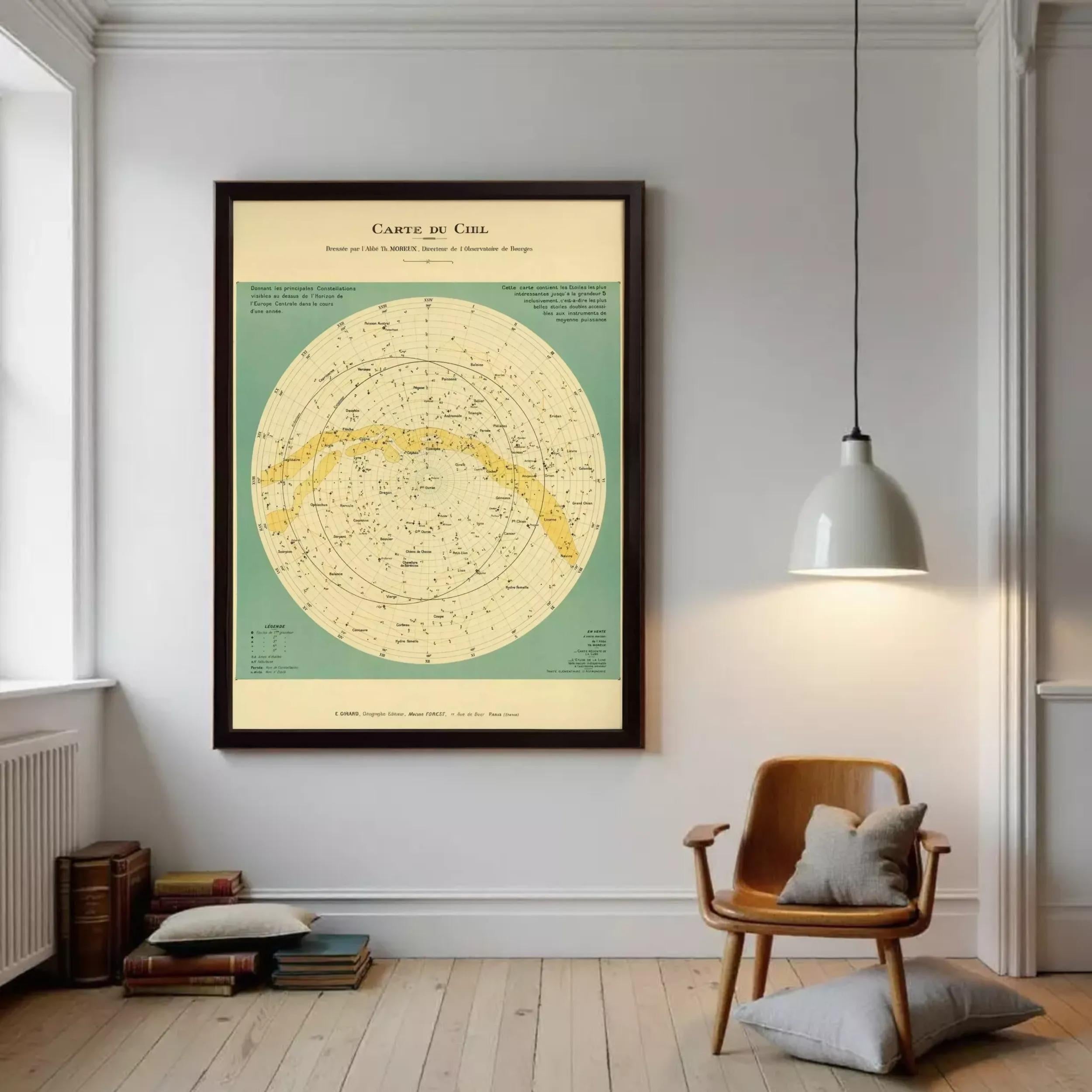 The image is a framed vintage star map of the night sky, depicting various celestial objects and their relative positions.