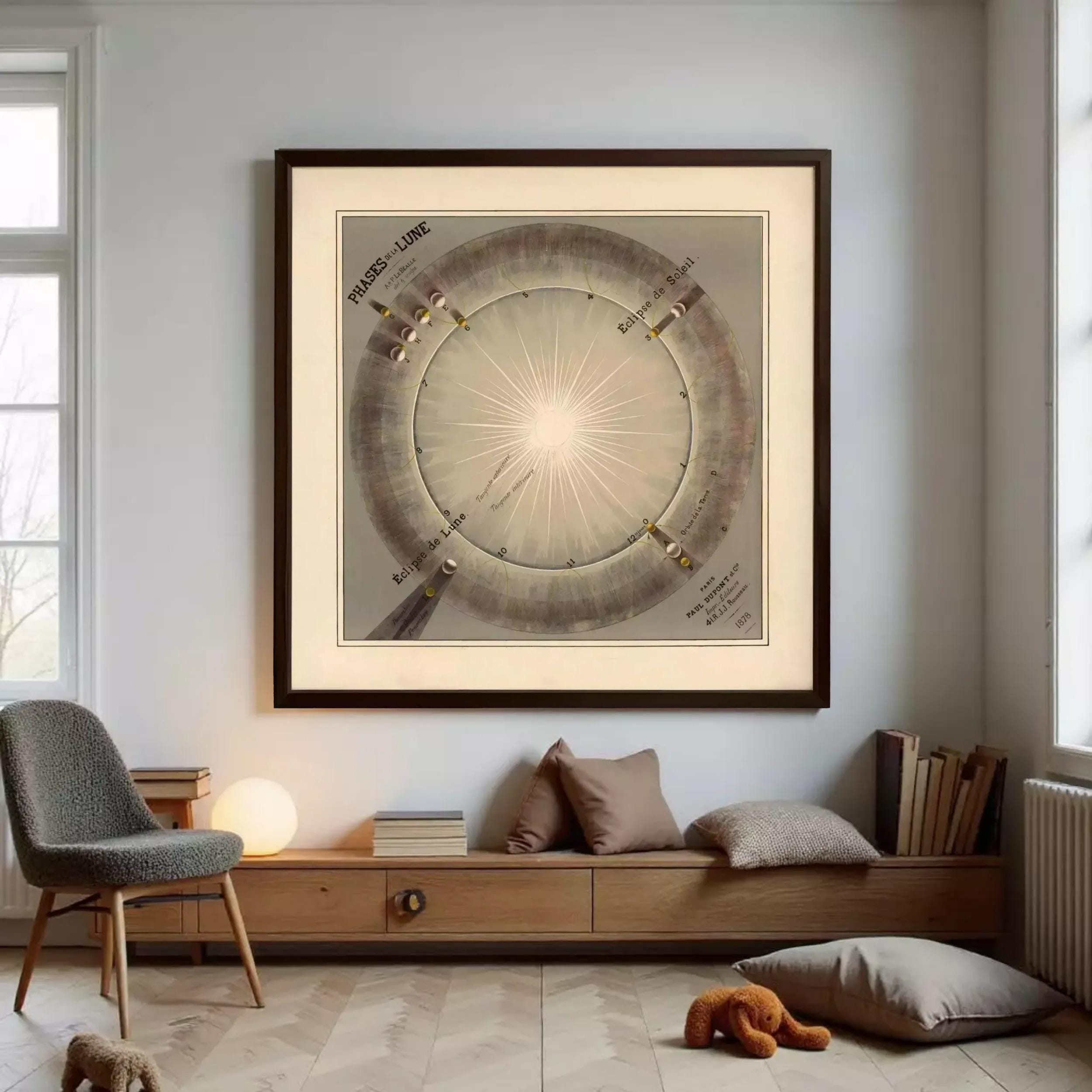 a large framed artwork hanging on a wall in a room with a wooden bench, a chair, and a stuffed animal.